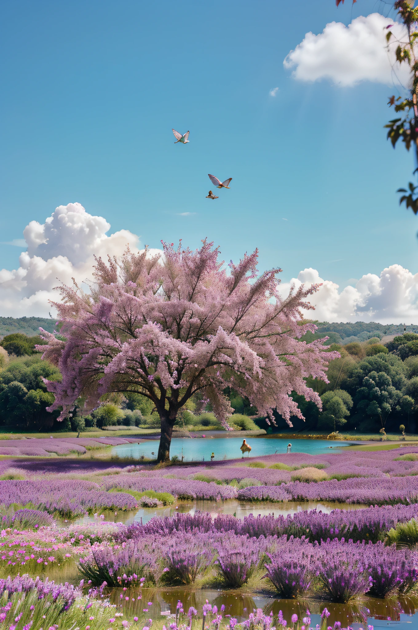 Create with as much detail as possible and maximum resolution the following: Morning image in the countryside with the sky half purple with a shade of pink in the middle of the field, a heavy cherry tree wrapped in beautiful sunflowers in the sky bird purple and pink. flowers with analogous colors, morning dew. a pond with purple ducks and swans and a water lily. Surrounded by the lake purple and pink flowers and with analogous colors. lavender in the field. (Also use abstract colors). Also put cats strolling through the countryside with aqua green eyes. (The lake should have crystal clear waters). A very vivid rainbow. Fennel in the field. Purple and pink butterflies. (a very bright sun). A beautiful purple hummingbird. (Very Alive Trees). Hyacinth macaws on top of the trees. Very green mountains. (put clown fish in the river)