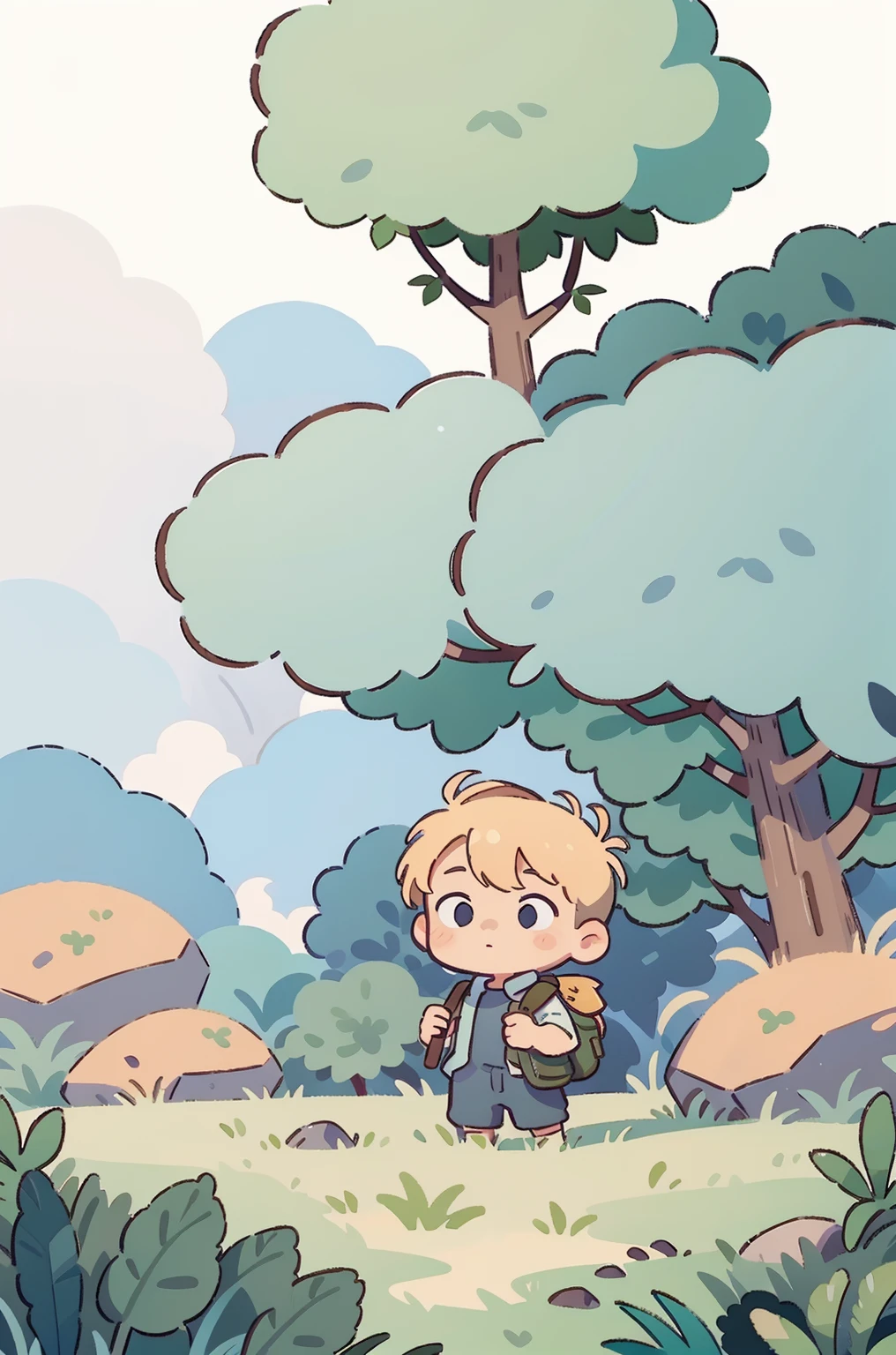 best quality, masterpiece, masterpiece, best quality, (illustration:1), 1boy, solo, chibi, blonde hair, plant, outdoor, In the forest, backpacking, exploring, grass, rocks,