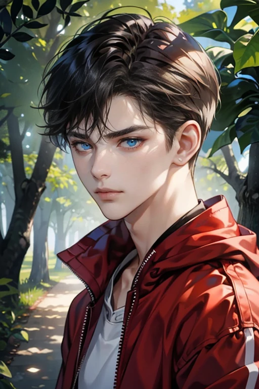 (tmasterpiece, high resolution, ultra - detailed:1.0), (1 boy, young male), eyes looking at camera, perfect male body, delicate eyes and delicate face, extremely detailed CG, 8k wallpaper, complicated details, solo person, detailed face,( jacket, red hoodie, windbreaker, closed lip, no smile, serious expression), outdoor, tree and flower, primeval forests, color difference, depth of field, dramatic shadow, ray tracing, best quality, cinematic lighting, offcial art, portrait, (messy dark hair, blue eyes)