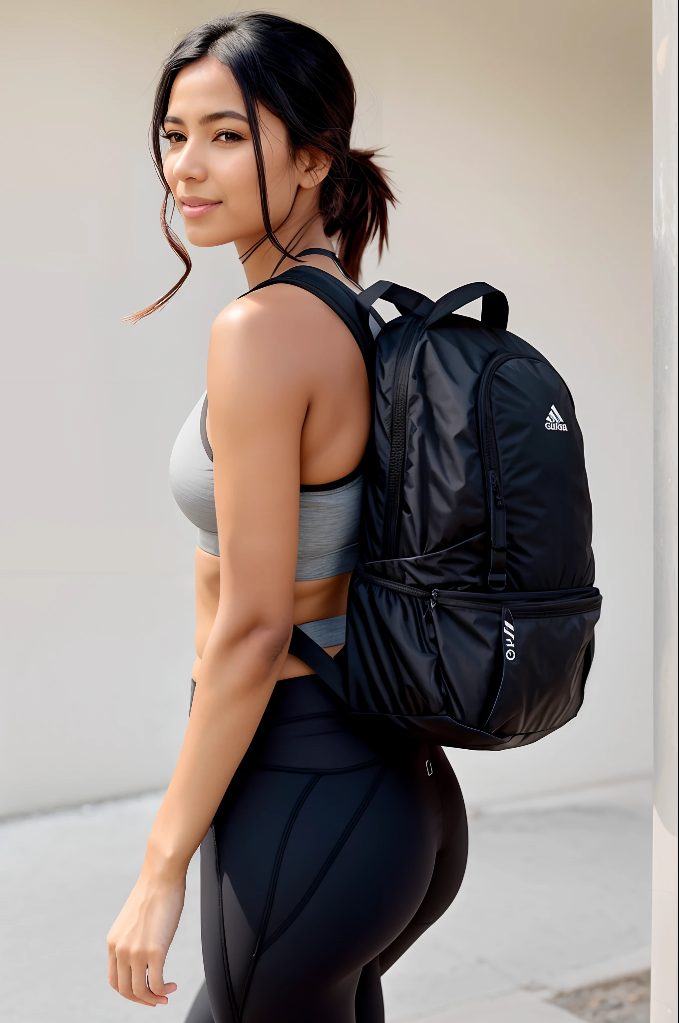 araFed woman in a sports bra top and black pants with a backpack, com uma mochila, uma mochila, mochila, Minimalista moderno f 2 0 limpo, F / 2 0, Minimalista moderno F 2 0, F / 3 2, f 3 2, F32, o homem tem uma mochila, saco sobre a cintura, 2b, 2 b