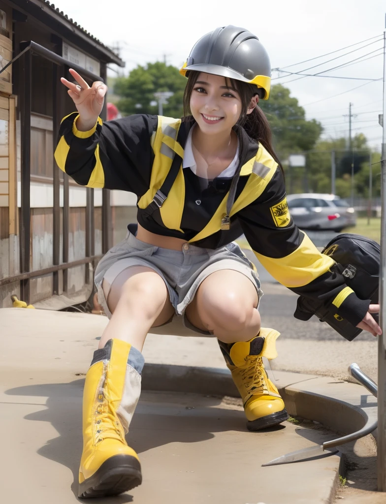 Young Women Workers、Good Style、、Shorts、Idol face、large full breasts、、、Gray workwear、Yellow boots、helmets