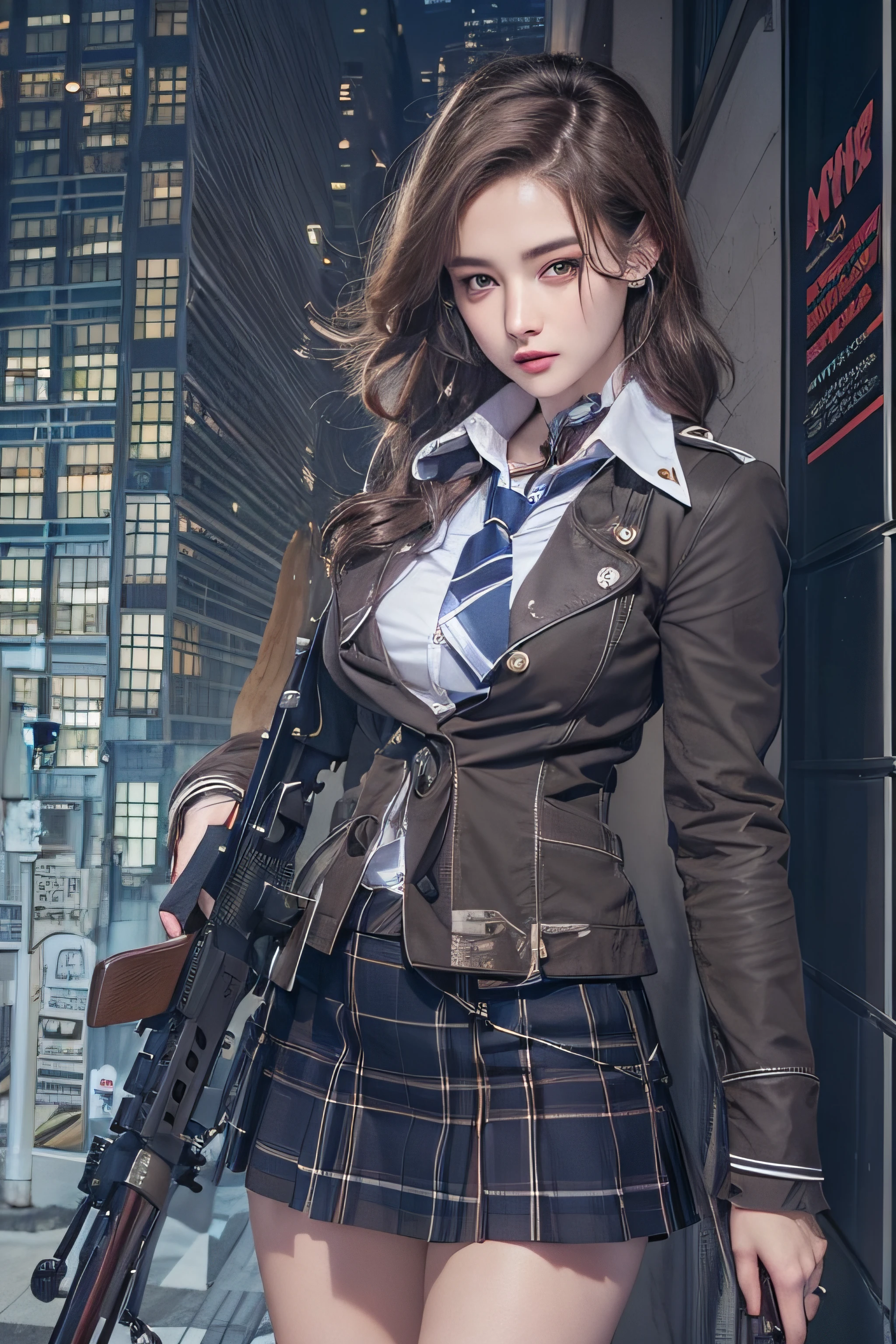 1womanl、(Super beautiful)、(beauitful face:1.5)、(A detailed face)、is standing、(high-school uniform)、Dark blue jacket、white  shirt、neck tie、Plaid mini skirt、Brown hair、(Dark makeup)、(holding rifle)、(Aim your rifle:1.5)、h&K HK416、(On the roof of a high-rise building)、(Night:1.1)
