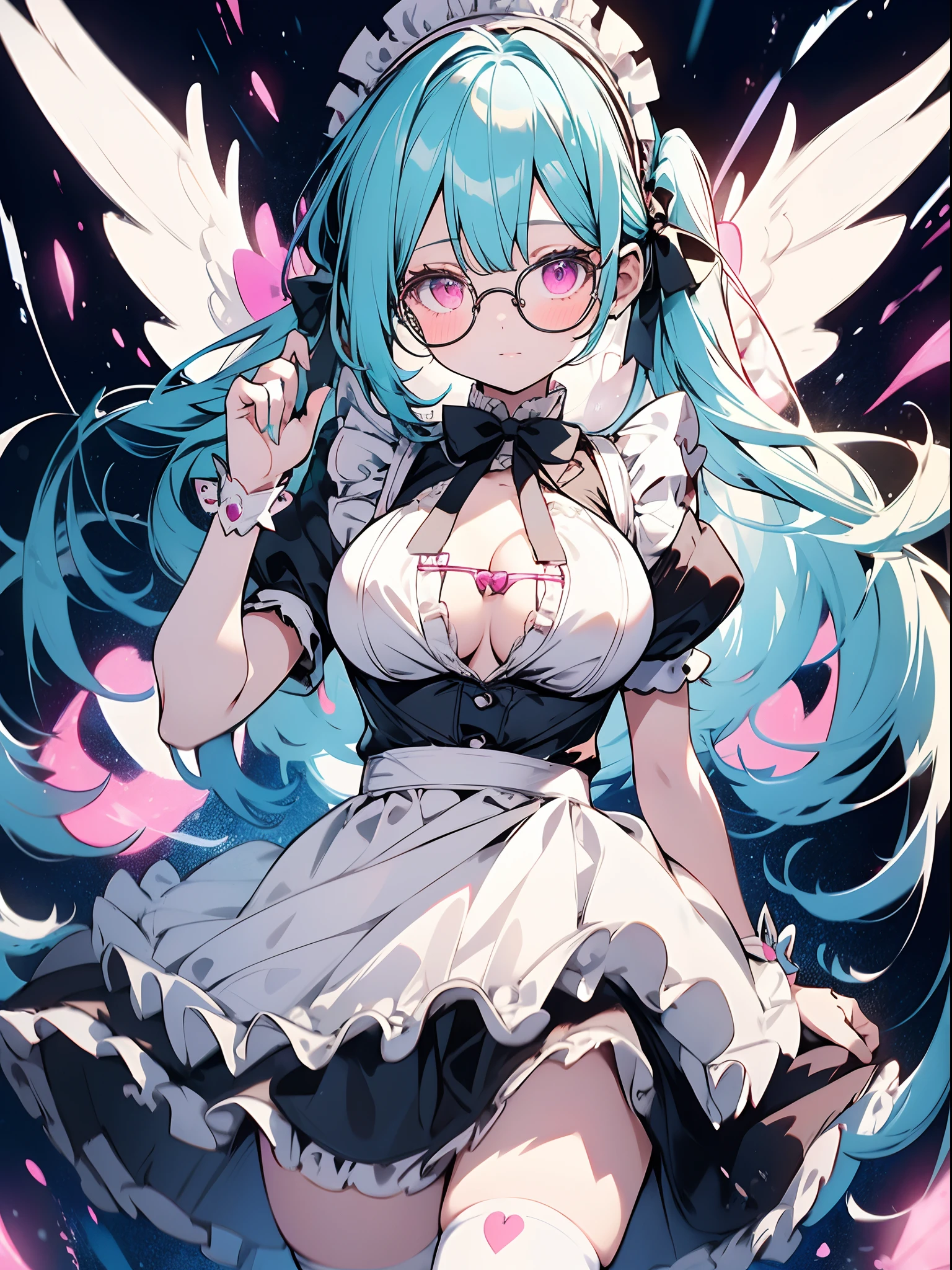 Absurdres,best quality,insanely detailed,1 cute lovely girl,drilled twin tail,aqua hair,pink eyes,(round glasses:1.2),(maid costume:1.2),maid hairband ,frilled short skirt ,striped over-knee high,maid apron,cleavage,(sagging boobs:1.2),from below,cute pose,one leg up,professional lighting,cinematic angel,brilliant color,bright Tone,hyper realistic, perfect anatomy, perfect 5 fingers