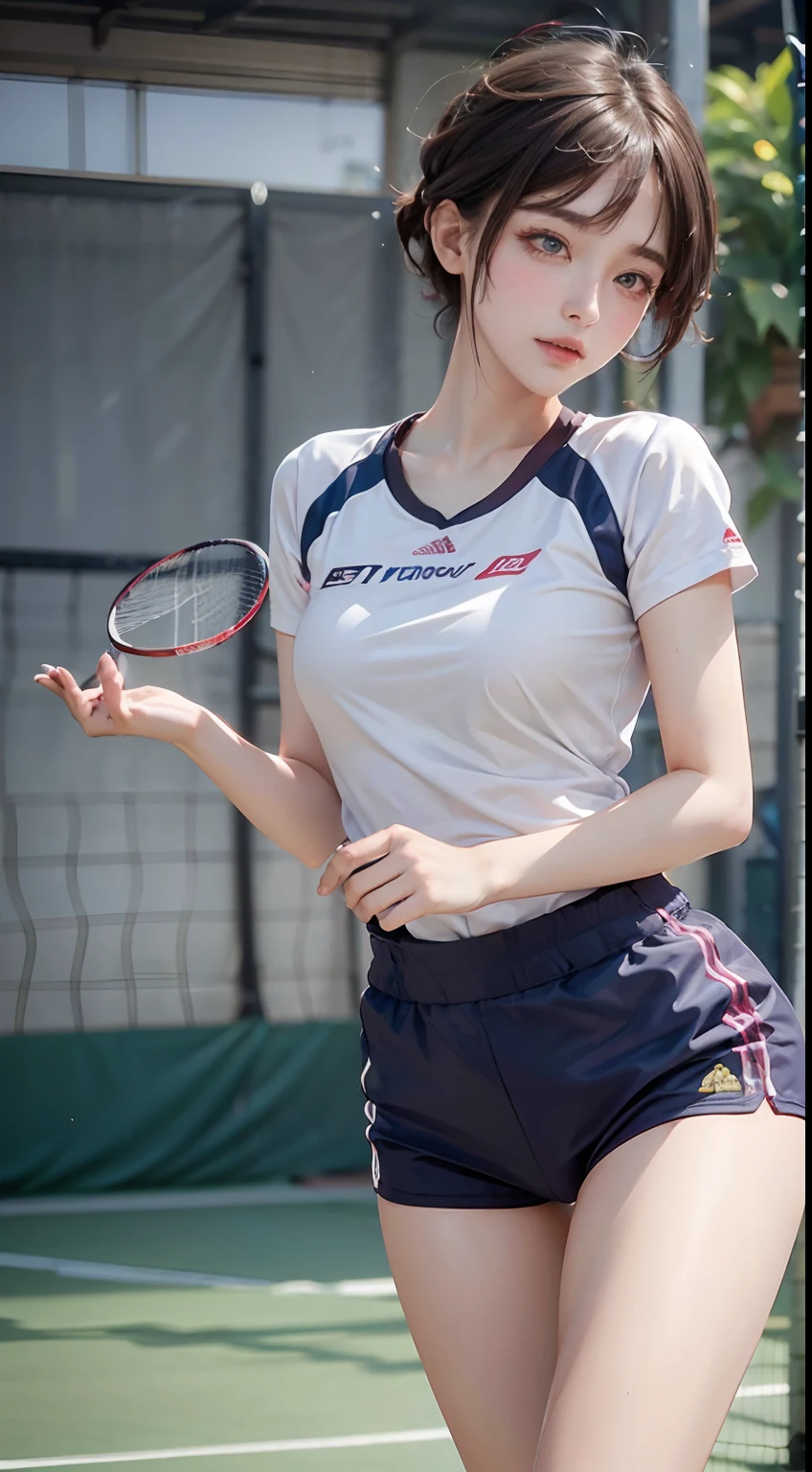 tmasterpiece, 1girl in, 独奏, glowing light eyes, White sneakers, tennis wear, white mini-skirt, white  panties, white knee-socks, tmasterpiece, top-quality, hentail realism, ultra - detailed, blue-sky, tennis coat,  (Extremely delicate and beautiful work), ((masuter piece)), (Best quality), glamour body, One lady, 20yr old, (Wear tennis clothes:1.5), (taut),  (Sexually aroused face:1.4), ( shoulder cut hair,(Fair skin:1.2), Bright lighting, Natural lighting, Realistic lighting, lovely lips、delicated face、(hentail realism、Photo_Realistic:1.4)、((top-quality、tmasterpiece:1.3))、20yr old、((Brown hair))、((A shower、White turbid water))、((lewd poses))、((Functional))、((soaked breasts))、(((Soaked body)))、(((soaked pubic hair)))、A smile full of happiness、Poses that fascinate men、seduct smile、Upper body naked、((()))、(((Sex life)))、(((Expressions in a state of excitement)))、(((lack)))、short-hair、toppless、(((())))