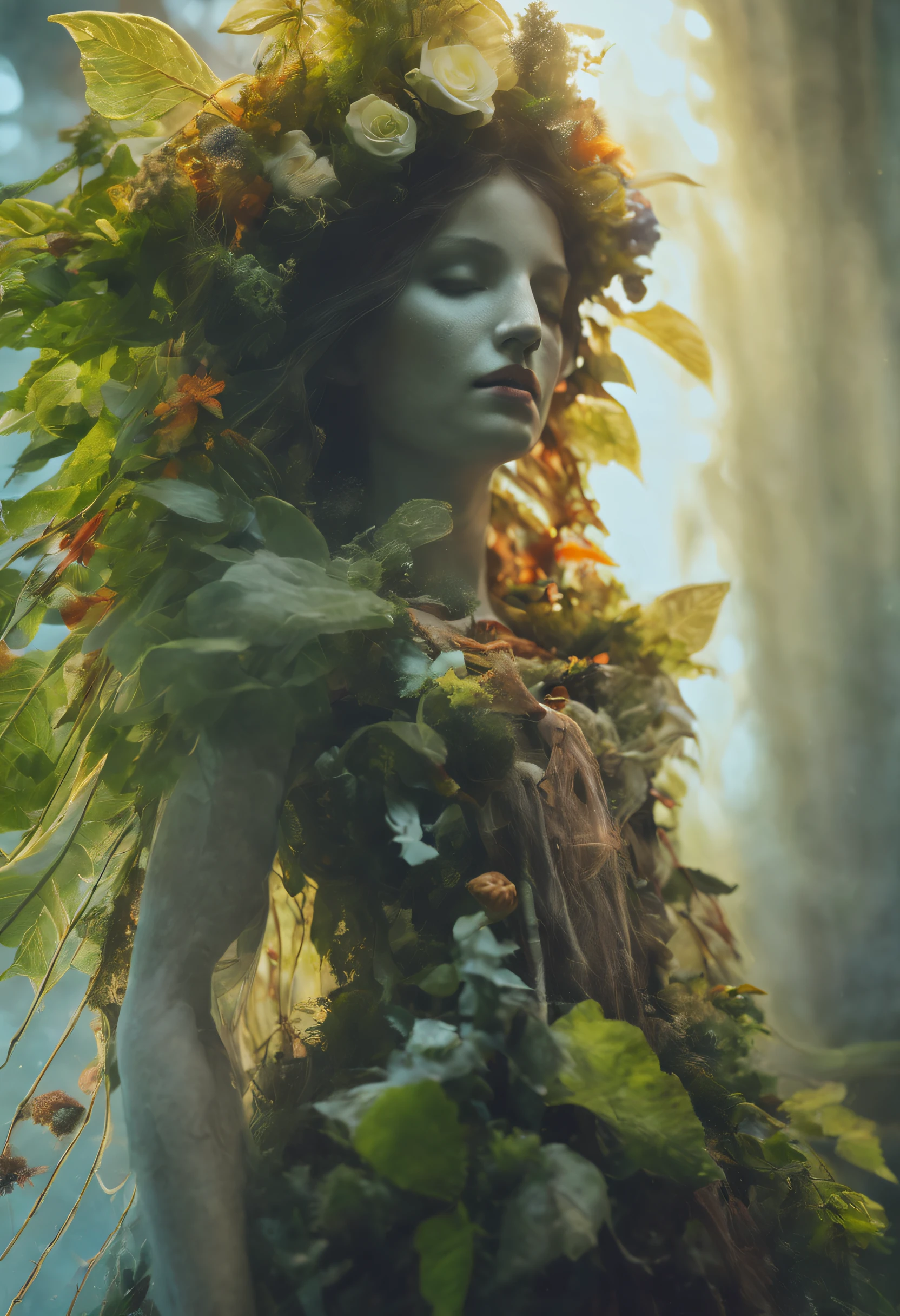 Girl made of dead plants Girl made of fresh plants Girl made of fresh plants, angel, sacred, divine light, beautiful girl,