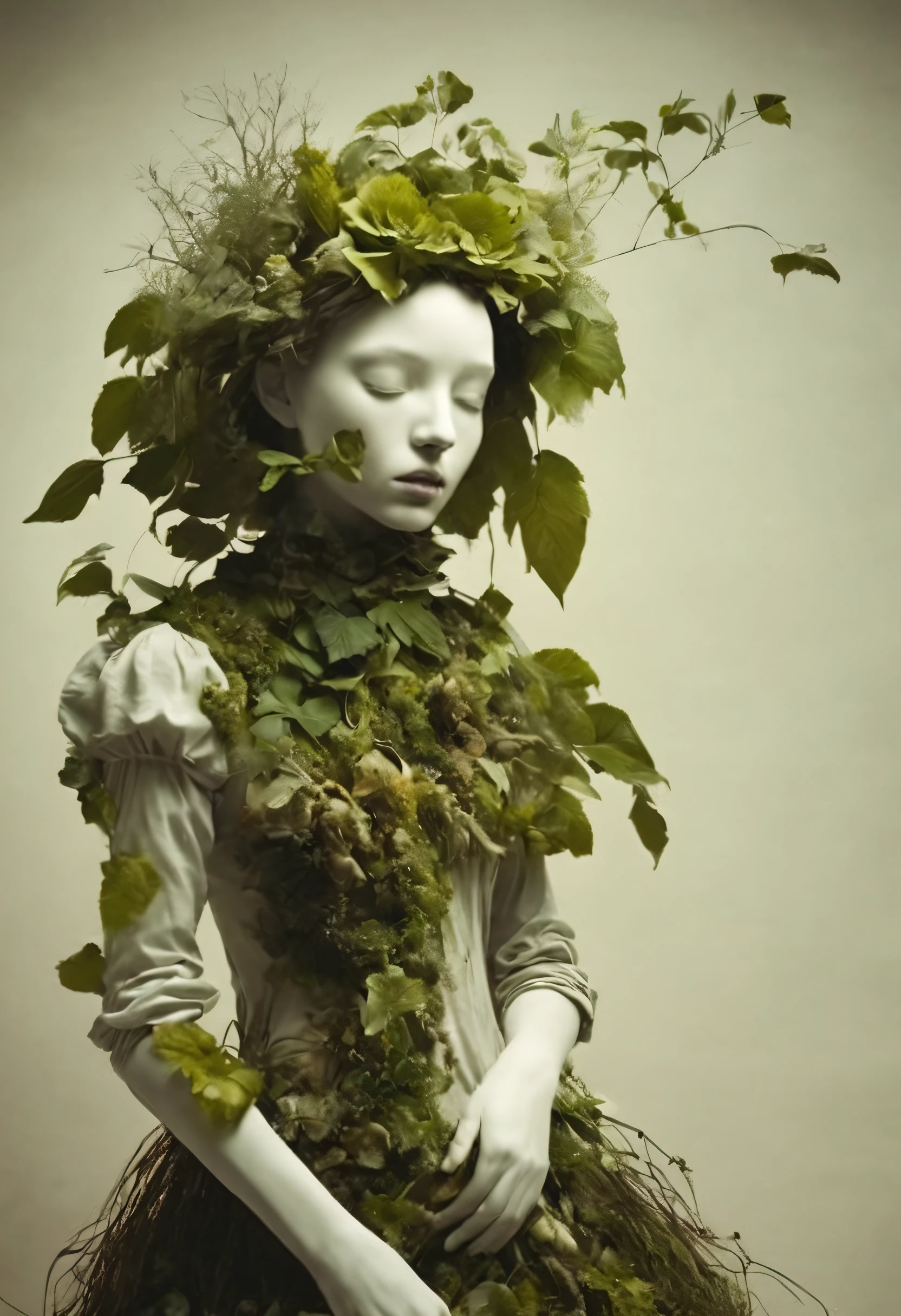 a girl made of dead plants， a girl made of fresh plants，a girl made of fresh plants