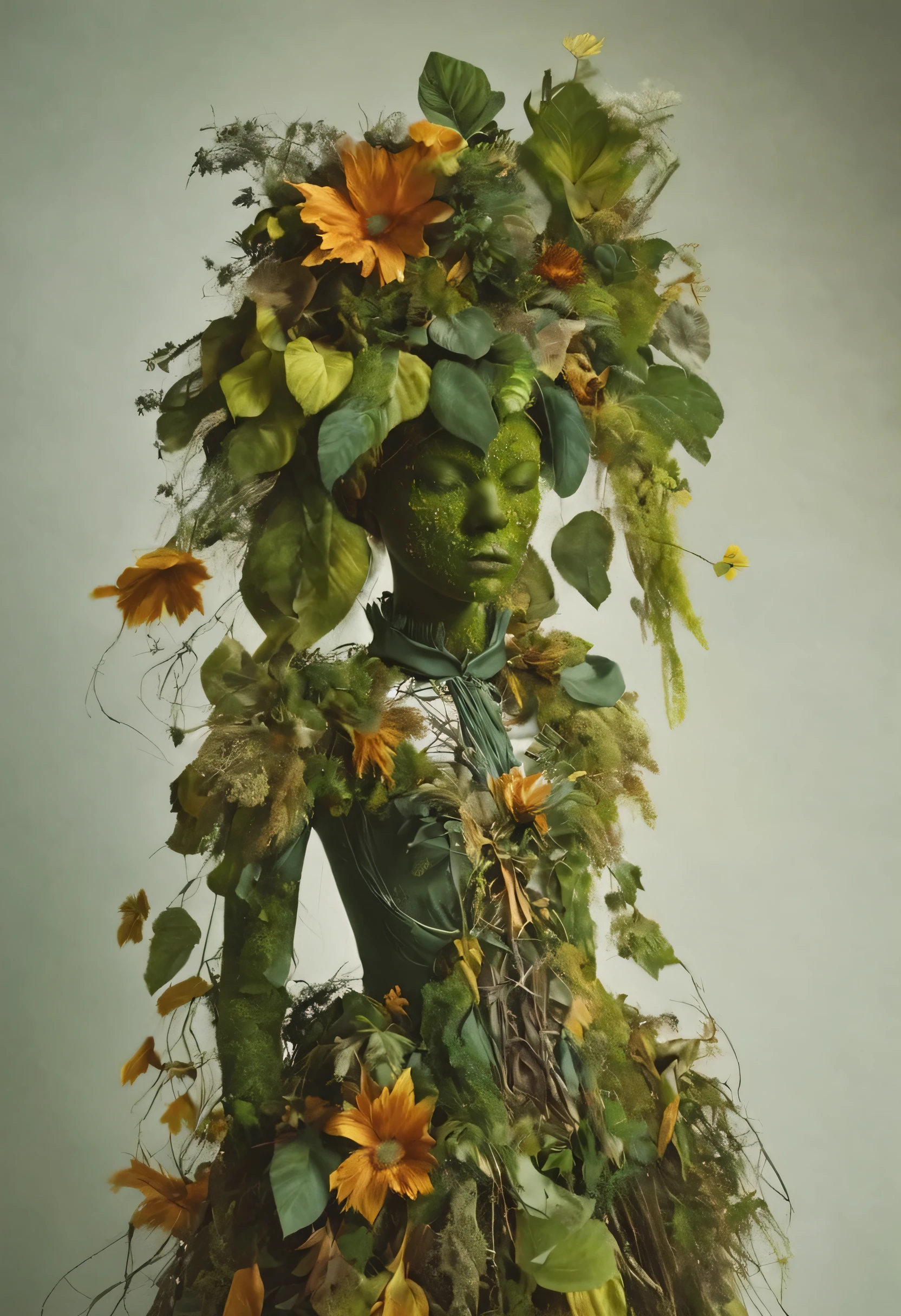 a girl made of dead plants， a girl made of fresh plants，a girl made of fresh plants