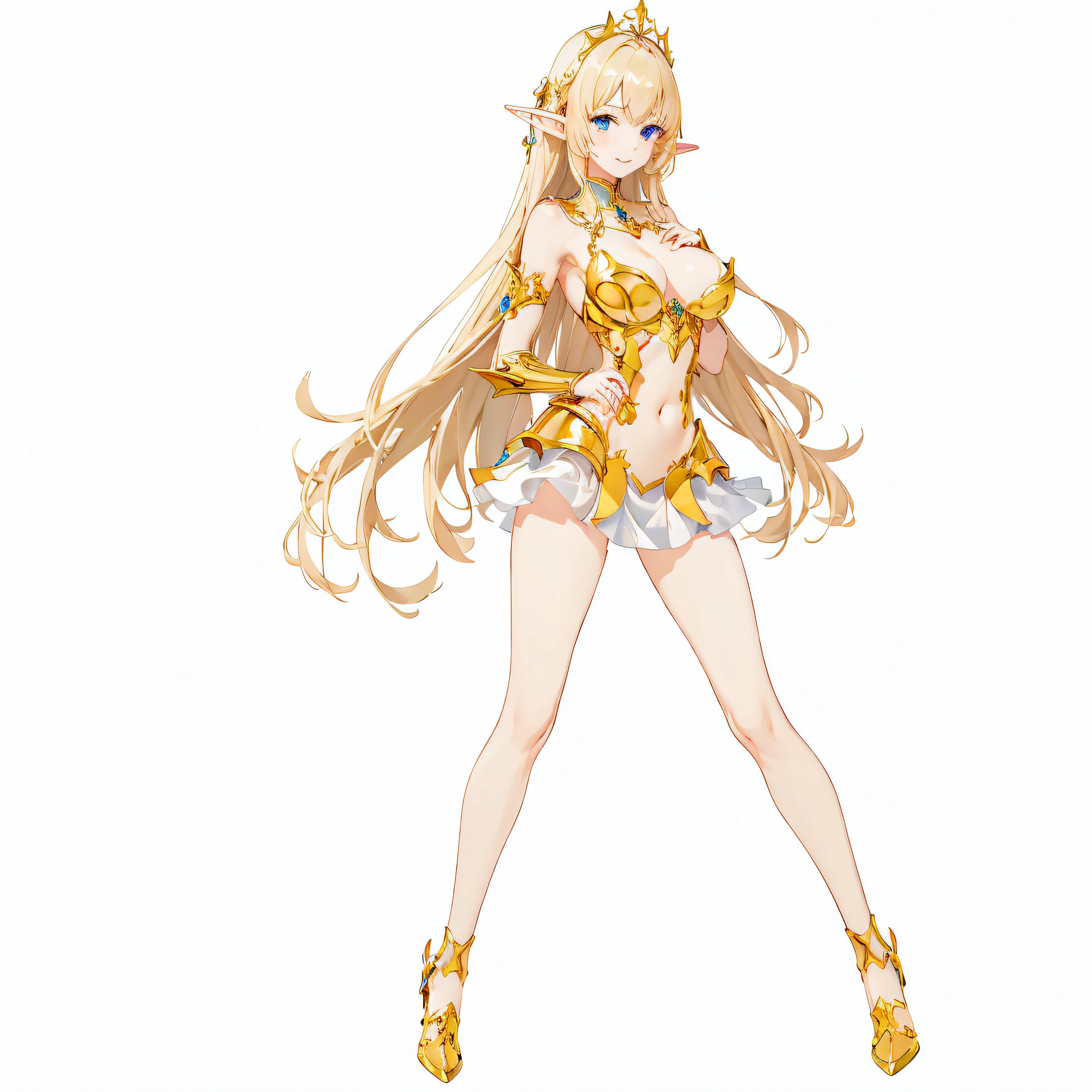 masterpiece、top-quality、ighly detailed、hight resolution、16k、fullnude、teats、Boob proportions、golden armour、Very thin skirt、Full body like、Very white skin、Beautiful fingers、Anime girl with very big breasts posing naked、Perfect Style、elvish、no-bra、Blonde blue-eyed、A smile、An elf girl