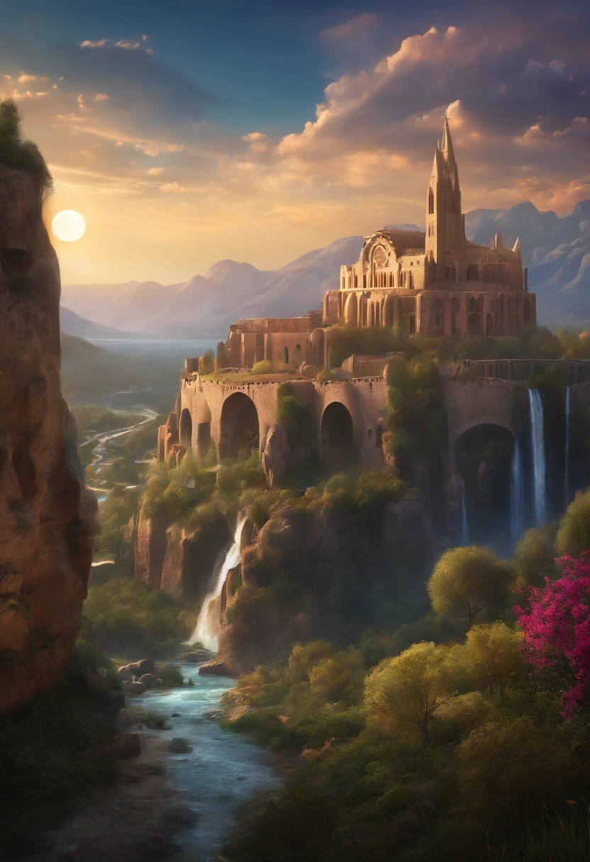 (masterpiece, illustration, best quality, detailed,highres:1.4), in the distance, colorful, vibrant, lush, volumetric lighting, contrast, , From a distance, depth of field , scenery, landscape painting, concept art, intricate tiny details, stylized, , cloudy skies, moonlit night starry skies, Fantasy, ancient kingdom city [colosseum,sagrada,basilica] scenery, snow, waterfall, , blooming trees grass flowers ,  Rocky Mountains and forest snow in the background ,    , (fantasy magic:1.4)
