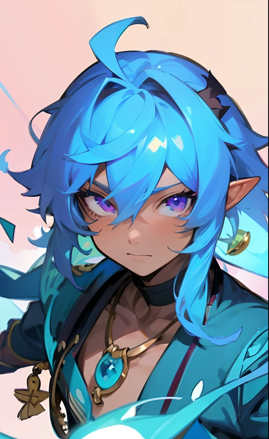 anime tribal boy with azure long hair, tanned skin, colored lineart, coloured lineart, full body concept, coloured line art, 2d anime style, as an atlantean, fully colored, inspired by Okumura Masanobu, violet eyes, long elf ears, large azure feathered wings, golden necklace, style of Genshin Impact, digital art on pixiv, splash art anime, digital anime illustration, anime art wallpaper 4 k, anime art wallpaper 4k, anime art wallpaper 8 k, anime styled digital art, slight smile