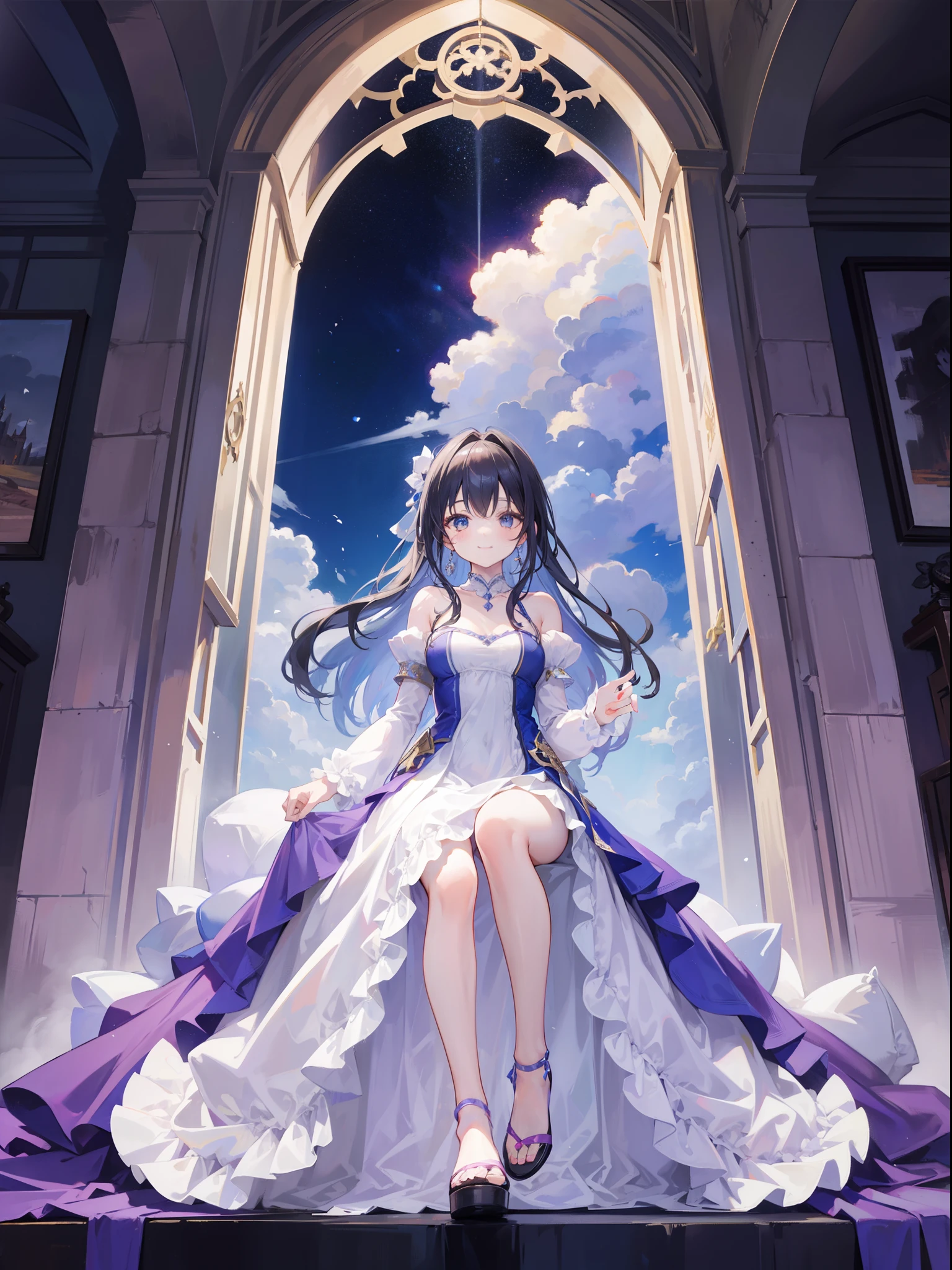 castle,1girl in,Smile,Full body layout,tiarra,Dress,Princess
