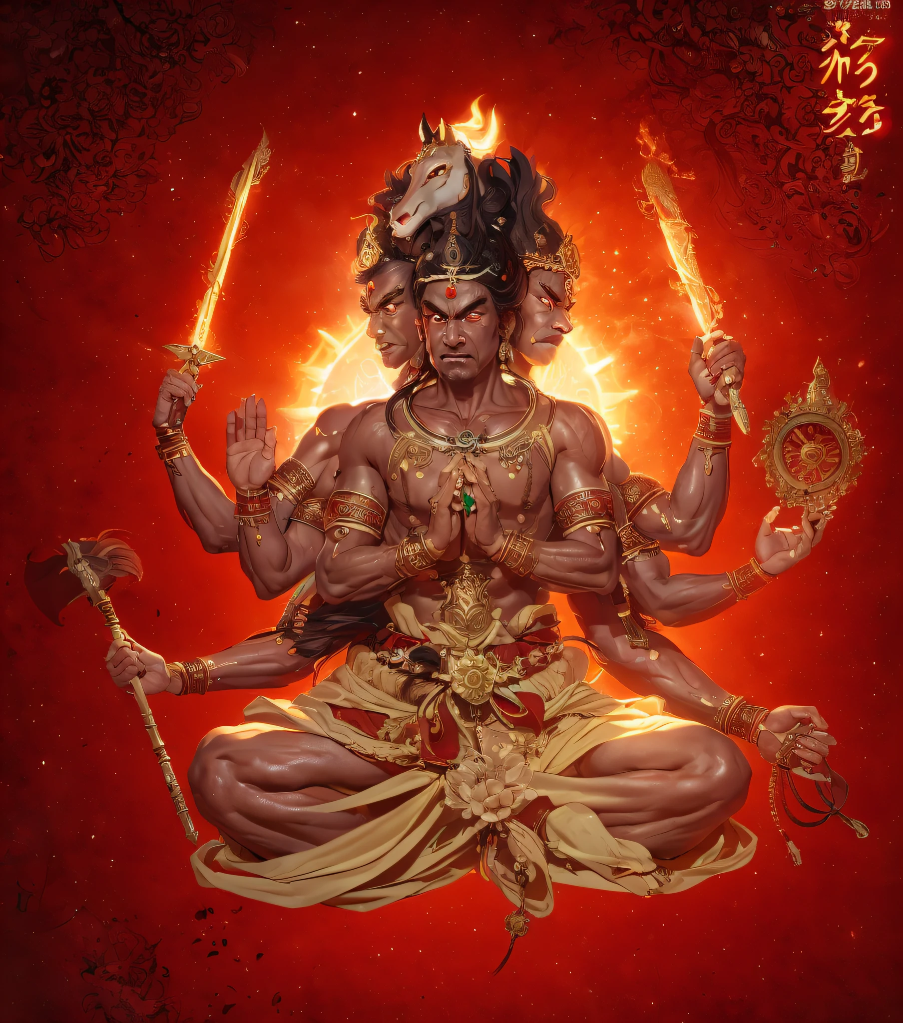 Angry and powerful warrior,The muscles and skin all over the body are red,The body has three heads: left side of face,front center,Right face,His eyes are wide with anger,Canine teeth exposed,dark hair standing on end,It has a green horse's head on top of its head,There are two hands crossed on the chest,The three hands on the left hold the magic weapon,The three hands on the right hold the magic weapon,perfect hand,perfect foot,sitting on a lotus flower,There is a huge spiritual fire ball behind the body,Head background with halo,Frontlighting,blue-sky,tmasterpiece,Oh really,professional photoshooting,