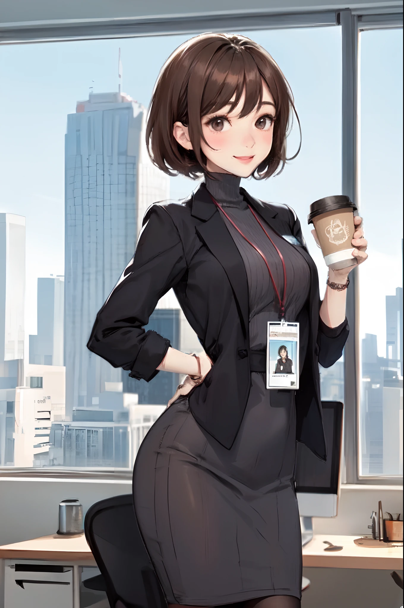 1lady sitting, holding a coffee cup, office worker outfit, /(id card lanyard/), mature female, /(brown hair/) bangs, blush kind smile, (masterpiece best quality:1.2) delicate illustration ultra-detailed BREAK /(modern office indoors/), window skyscraper