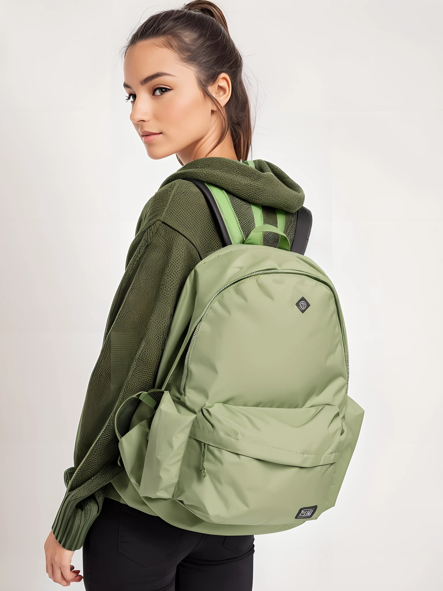 The back view of a beautiful woman with defined buttocks wearing a green backpack, legging pants, uma mochila, com uma mochila, mochila, ao entardecer!, uma mulher usando uma mochila, com dois bolsos frontais, A mulher tem uma mochila e usa leggings, saco sobre a cintura, 3/4 vista frontal, Noite ao entardecer, in a medium full shot, F / 2 0, dusk setting