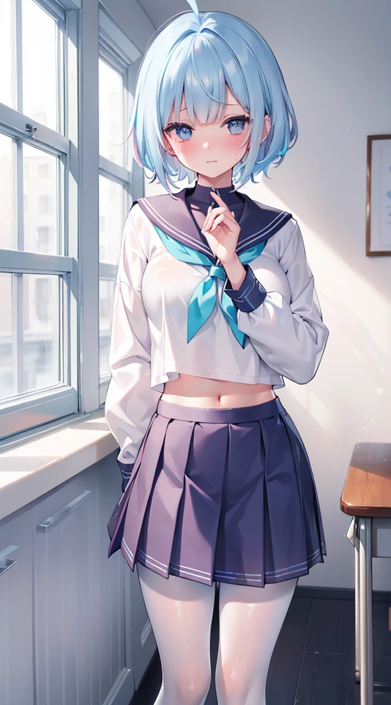 , (Masterpiece, Slim Body, Delicate Fingers: 1.2), Best Quality, (Illustration: 1.2), (Hyper Detail), Eye Focus, Ultra Detail, (Fine Detail), (Intricate Detail), HDR, (Ultra Detail: 1.15), (Soft Light: 1.2), (1 girls), Inside the classroom, Wear, ((School_uniform), (sailor_suit), (mini_skirt)(short_blue_pleated_skirt), (white_pantyhose:1.2) long sleeve shirt, (blushing:1.3), (White hair and blue highlights),cyan eyes, ager, embarrassed face, medium, short hair, solo, multicolored hair, ahoge, huge breasts, mismatched pupils, multicolored eyes, high quality, best quality, full body image, (Navel Ejection:0.8)