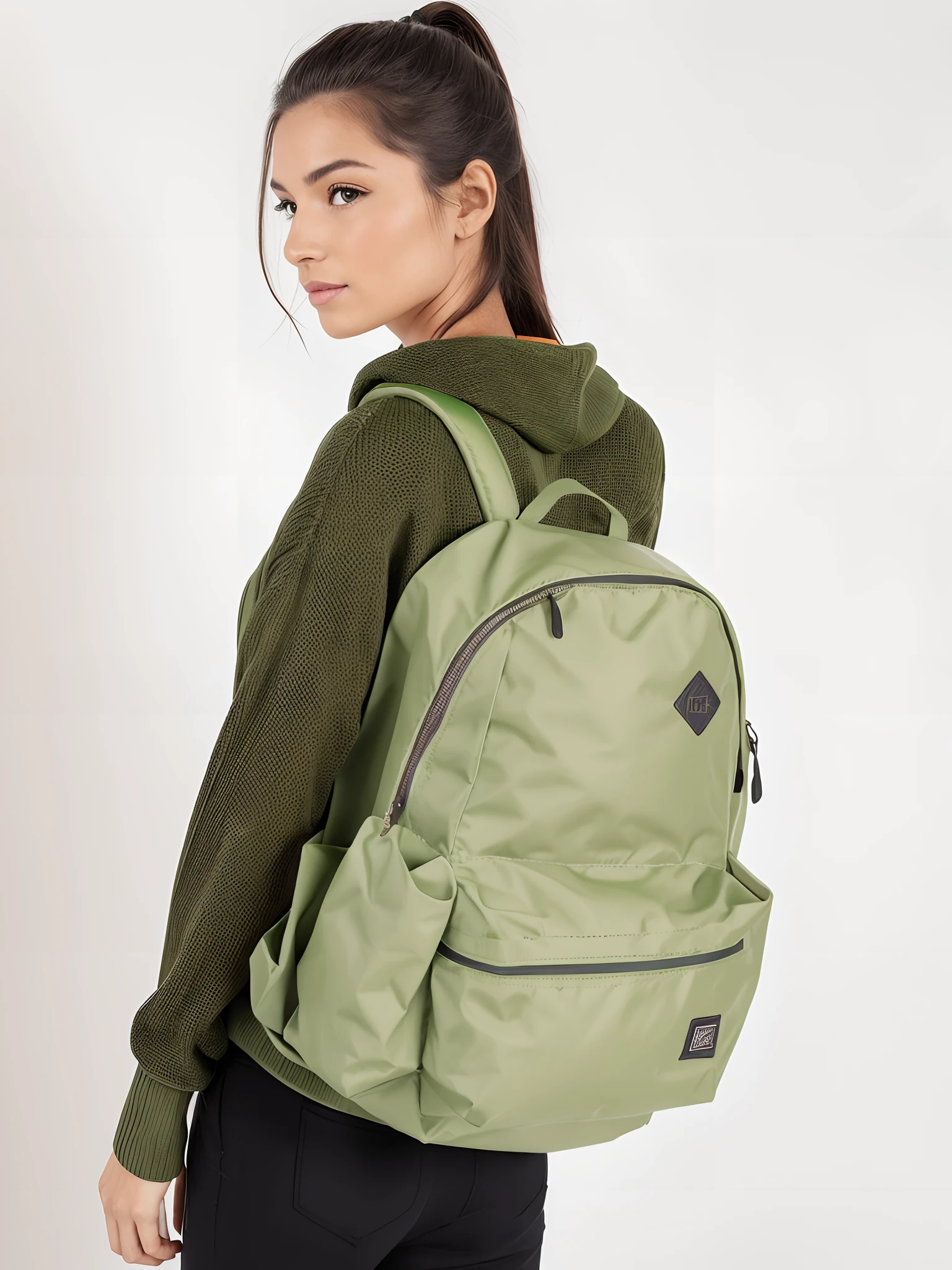 A woman wearing a backpack and a sweater stands, mochila, com dois bolsos frontais, azeitona, com uma mochila, uma mochila, sage green, verde oliva, utilitarista, utilidade, Sacos, 3/4 vista frontal, o homem tem uma mochila, bege, #verde, mochila escolar, versatile, Vivid), Velvia, Seraphine