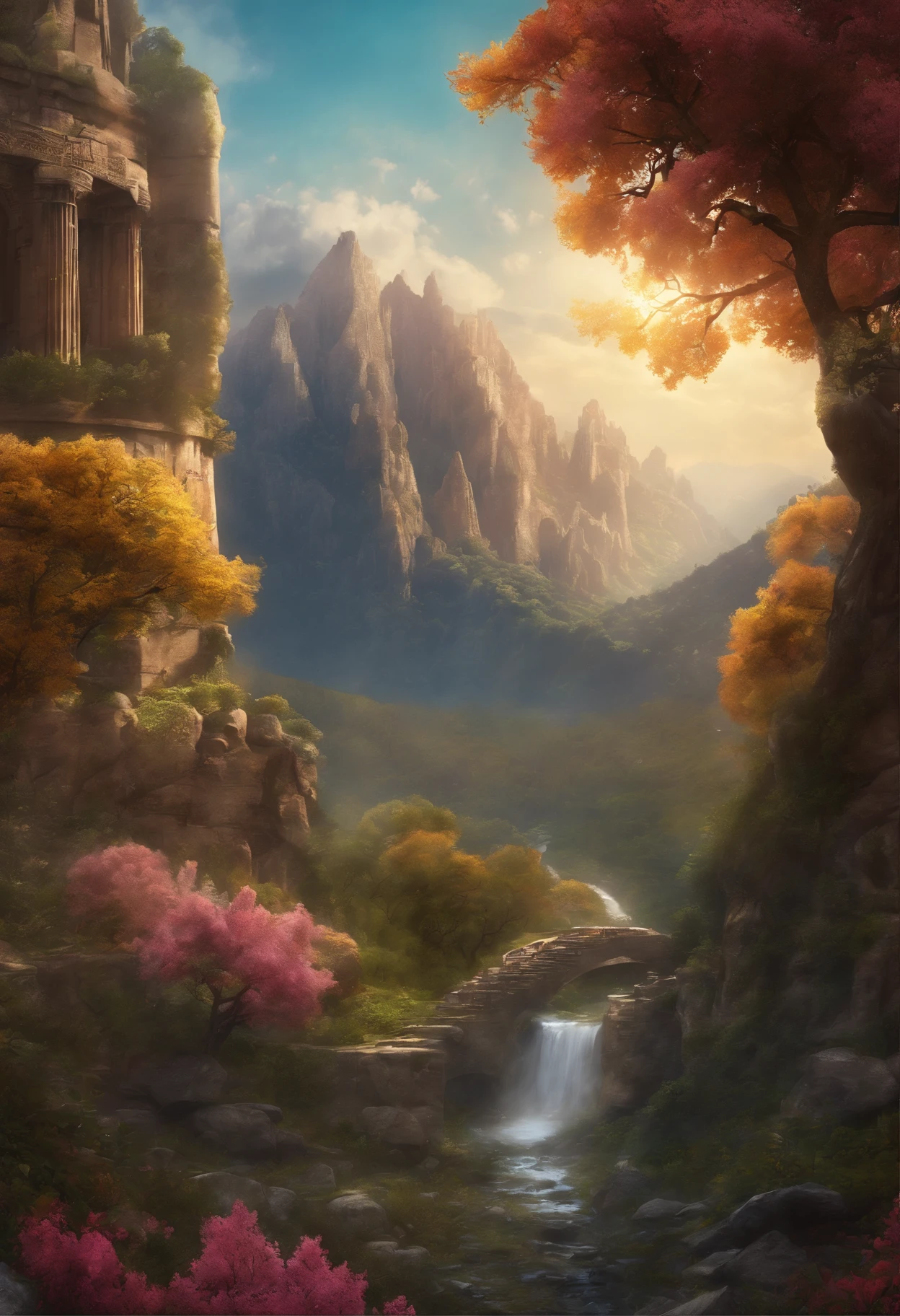 (masterpiece, illustration, best quality, detailed,highres:1.4), in the distance, colorful, vibrant, lush, volumetric lighting, contrast, , From a distance, depth of field , scenery, landscape painting, concept art, intricate tiny details, stylized, , cloudy skies, moonlit night starry skies, Fantasy, ancient kingdom city [colosseum,sagrada,basilica] scenery, snow, waterfall, , blooming trees grass flowers ,  Rocky Mountains and forest snow in the background ,    , (fantasy magic:1.4)