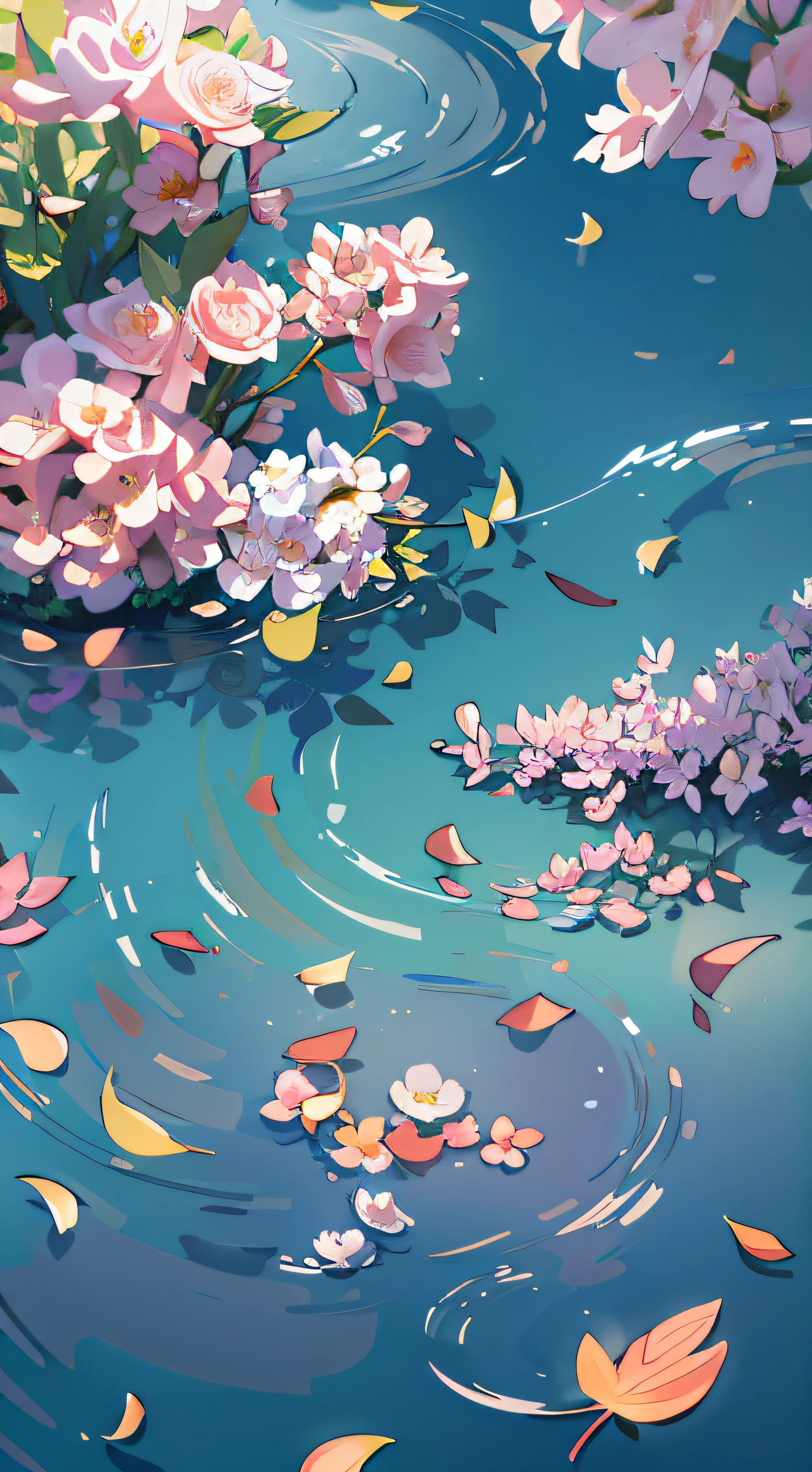 There is a painting of a pond,Flowers and leaves float on it, Anime art wallpaper 8 K, A beautiful artwork illustration, Anime background art, background artwork, Anime art wallpaper 4 K, Anime art wallpaper 4k, anime backgrounds, floral environment, arte de fundo, 4 k hd wallpaper illustration, serene illustration, Beautiful art UHD 4 K, wallpaper anime blue water