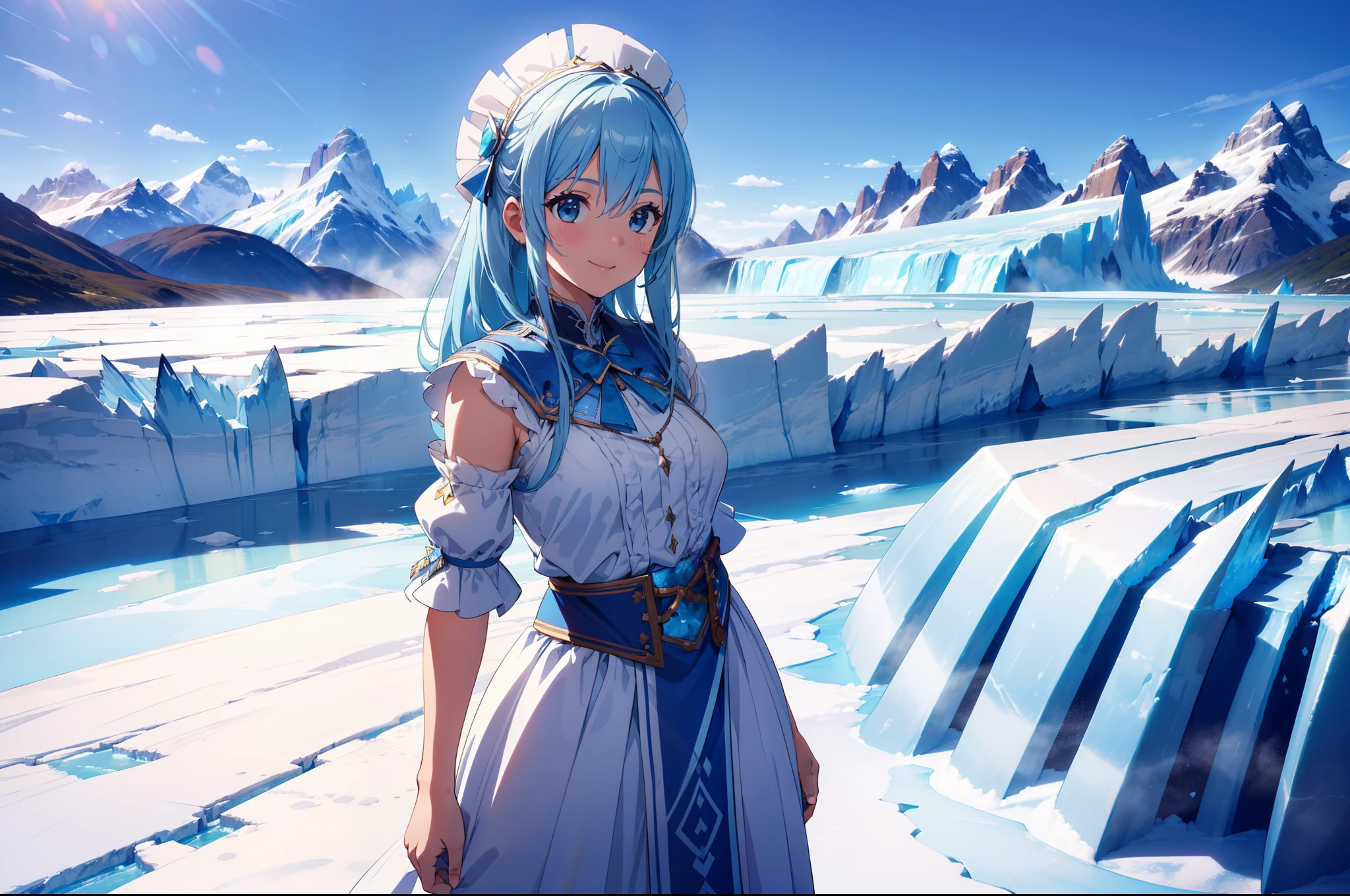 1 cute girl, Argentinian traditional costume ,standing, (looking away), cowboy shot, character focus, wide shot , (from above:0.8),(blue lighting), cinematic lighting,smile,( Glaciar Perito Moreno in the distance), blue sky , ((masterpiece)), ((best quality)), ((ultra-detailed)), (illustration), ((an extremely delicate and beautiful))