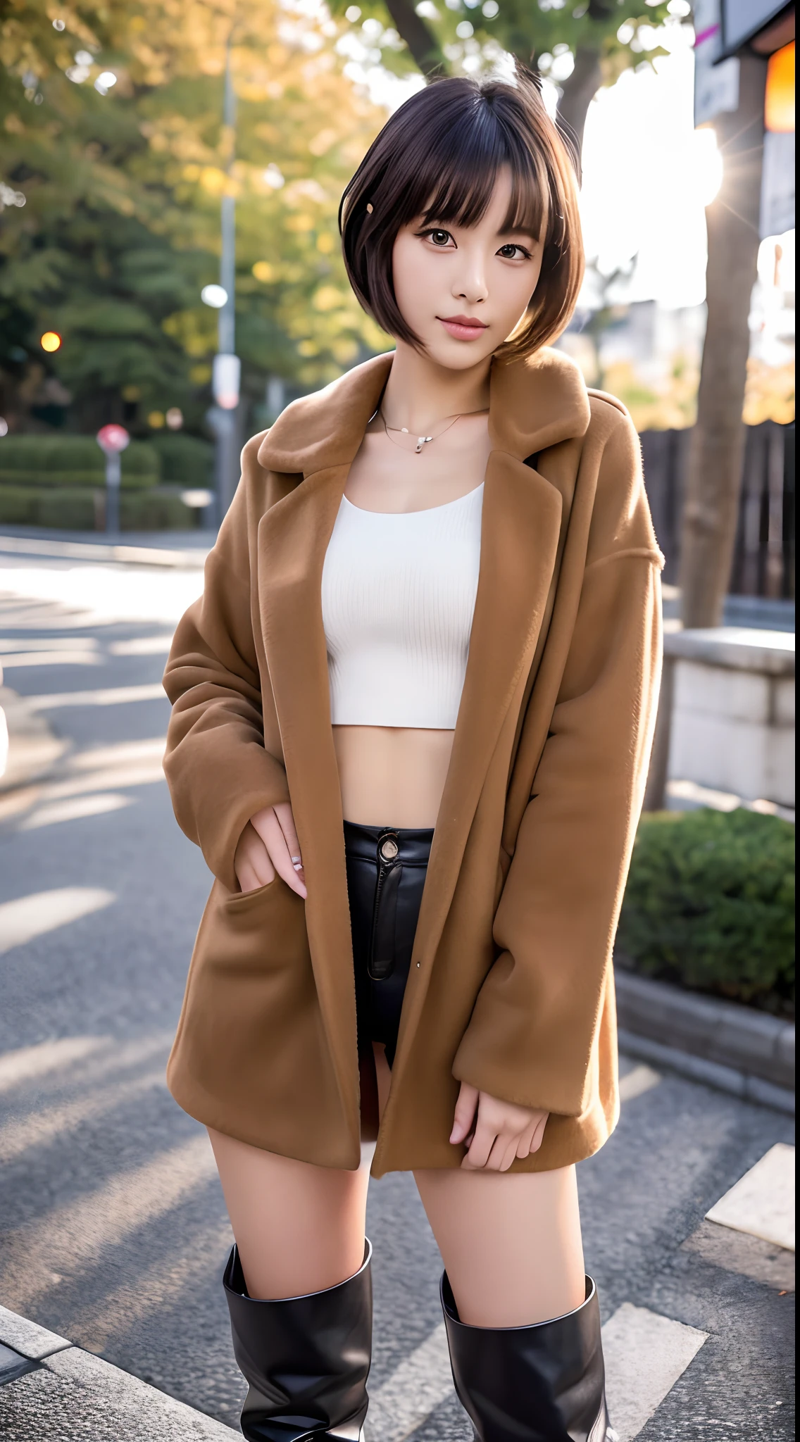 Best Quality, 8k, 32k, Masterpiece, (UHD: 1.3), Attractive Japan Woman Pictures, One Girl, (full body : 1.0), Abs, Perfect Body, (long length coat :1.0),(short pants:1.0),(boots:1.0),Ultra Detailed Face, Detailed Lips, Fine Eyes, Double Eyelids,short hair,Disheveled Hair