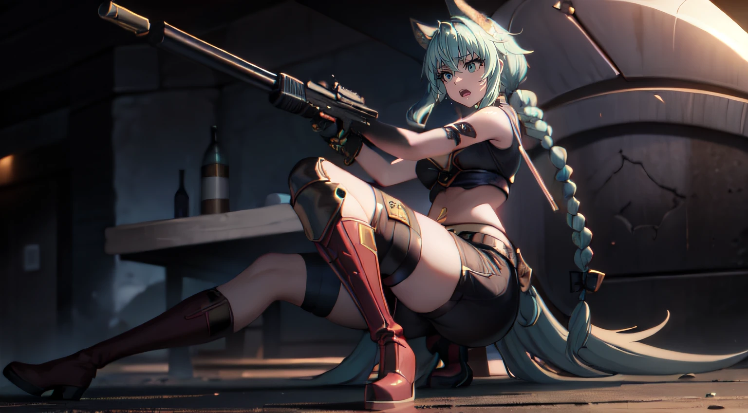 Jinx's character design, Holding a grenade launcher in the shape of a shark, Fires a rocket, Screams, Explosions in the background, half naked, beautiful breasts, Sexy, Arcane's Jinx, sexypose, waves his hand, Pink glowing eyes, hairlong, hairsh, braided into long braids, Pigtails hang below the knee, Hair color changes from bright blue to navy blue, Dressed in brown breeches, Leather boots on the feet, Top with four gold circles on the chest in the middle of the chest, Blue cloud tattoos on shoulders and waist, Long bangs, hanging on the right side, Belt with cartridges on the belt, A pistol in a holster on his left leg, Arcane style, extremely detailed CG unity 8k wallpaper, detailed light, Cinematic lighting, chromatic aberration, glittering, expressionless, epic composition, dark in the background, Cherecter Desing, Very detailed, Detailed body, Vibrants, Detailed Face, sharp-focus, anime art, Vibrants, Detailed Face, Hugh Details, sharp-focus, Very drooping face, A detailed eye, super fine illustration, better shadow, finely detail, Beautiful detailed glow, Beautiful detailed, Extremely detailed, expressionless, epic composition, Presented at artstation, Octane Render, artstation hd, Cinematic, 4 thousand., hypermaximalist, elegant