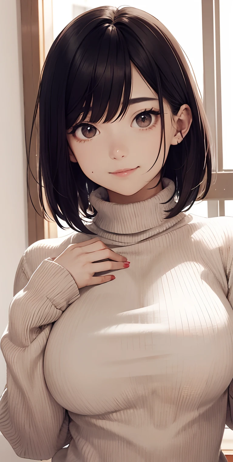 realisticlying、 a 18 year old girl((Grasp your breasts with both hands))、wearing a red turtleneck sweater、Breasts enlarged、A slight smil、Sexy Posing、I'm sweating、Redness of cheeks、Short Bob Hair、Bedrooms、sexly