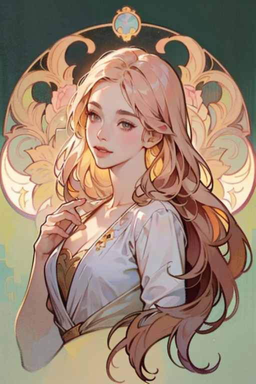 50-year-old woman, middle-aged European, (((MILF))), beautiful alluring noblewoman, (adult face), ((mature woman's face)), full lips, (oval-shaped face), (celestial nose), warm fair skin, small purple eyes, violet doe eyes, very light rose gold hair, pink blonde, pastel pink rose gold hair, very long wavy hair, tareme, long eyelashes, white Rococo fashion-inspired dress with brocade elements, radiant, glowing, luminous, enchanting, elegant, holy, dreamy, romanticism, innocence, serene, compassionate, fine art painting by Yanjun Cheng, Krenz Cushart key art feminine, a character portrait by Oliver Sin and Charlie Bowater, background by James Jean and Alphonse Mucha, ((Alphonse Mucha)), ((intricate detailed)), ((Semi-realistic)), (solo focus), (perfect face:1.1), cleavage, light smile, kind facial expression, ethereal lighting, (high detail:1.1), (((masterpiece))), ((best quality)), fantasy style art, Art Nouveau, full-length portrait, voluptuous body, ((glamour shot full body image)), fullbody illustration, cleavage