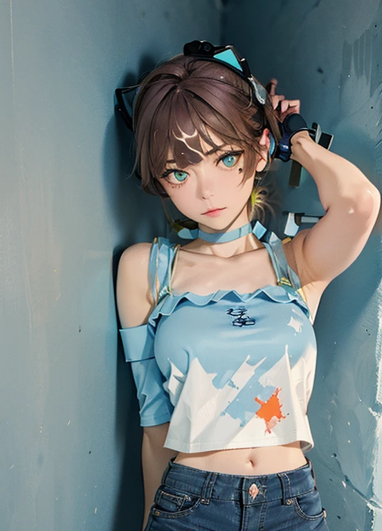 masterpiece, top-quality, 1girl, 独奏, croptop, Denim shorts, a choker, (doodle:1.5), Paint Splatter, arms behind back, Hitting a wall, Look at viewers, Armbands, thigh strap, Paint on the body, tilt of the head, tedium, O cabelo multicolorido, Aqua Eye, headset on head, playing a blue precision bass, Shaking her hair and playing