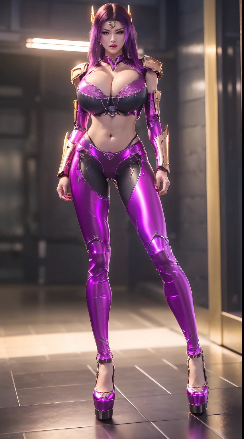 (Nsfw:1.5), (super detailed face), (MUSCLE ABS, CLEAVAGE, GIGANTIC FAKE BREAST:1.5), (MECHA GUARD ARM:1.3), gold, (MAGENTA SHINY MECHA CYBER ARMORED CROP TOP, BLACK MECHA SKINTIGHT SUIT PANTS, MECHA GUARD ARMOR LEGS, HIGH HEELS:1.5), (OILY MUSCULAR BODY, SEXY LONG LEGS:1.1), (LOOKING AT VIEWER:1.3), (female focus:0.886), (WALKING DOWN HALLWAY OF FUTURISTIC SPACE STATION:1), (BRIGHT LIGHTING:1.5), SUPER TEXTURE, UNREAL ENGINE RENDER, PHYSICALLY-BASED RENDERING, ULTRA HIGHT DEFINITION, 16K, 1080P.