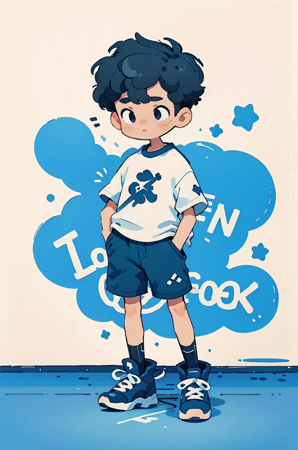 Short black haired boy,Alone, whitet-shirt, blue short pants, black sneaker shoes, hands in a pocket, Graffiti on background,