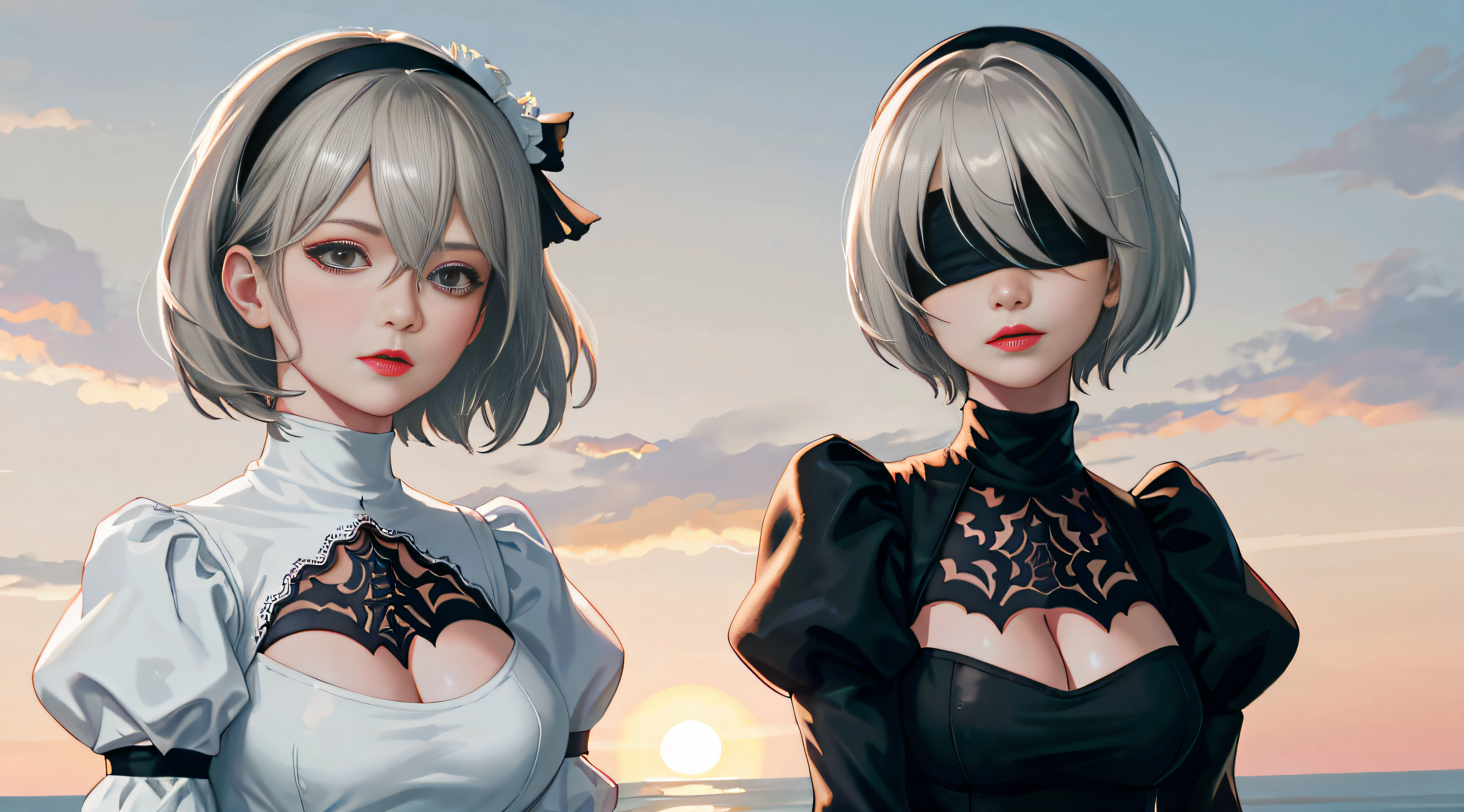 Yorha2b, masterpiece, (photorealistic: 1.4), top quality, beautiful lighting, 1 girl, mother, (blindfolded)), breasts, cleavage, hair band, hi-res, juliet sleeves, long sleeves, nier automata, red lips (puffy sleeves), shading face, short hair, solo, turtleneck, upper body, gray hair, Sky RAW Photography, 8K UHD, Film Grain