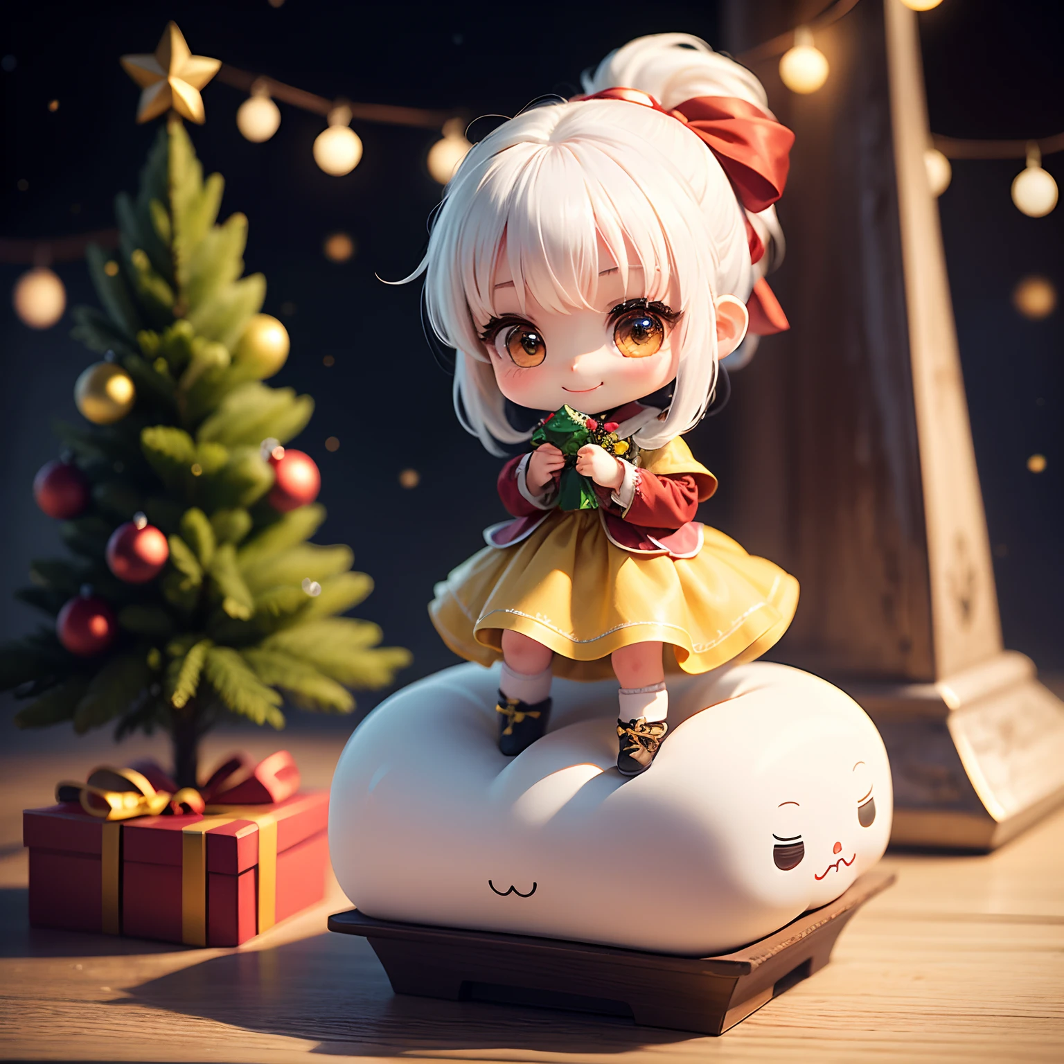 masterpiece、top-quality、ultra-detailliert、(Chibi Chara's Daughter:1.2)、(white hair ponytail:1.2)、drop light hair accessory、yellow wraith、Christmas tree、christmas gifts、full bodyesbian、a smile
