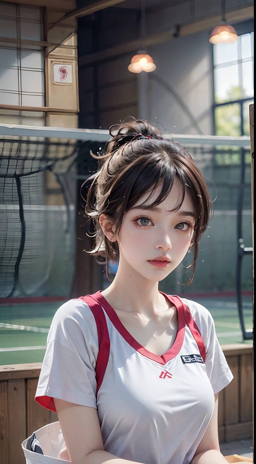(Details of a very cute face), (highest quality:1.4), 8K resolution, High resolution, 1 girl, Japanese, cute , cute girls of the finest, 超cute詳細な顔, short hair, Basketball Uniform, basketball court, realistic, sweating, splash,reddish purple hair、short hair、short ponytail、Crying Mole、shoot towards the basketball ring