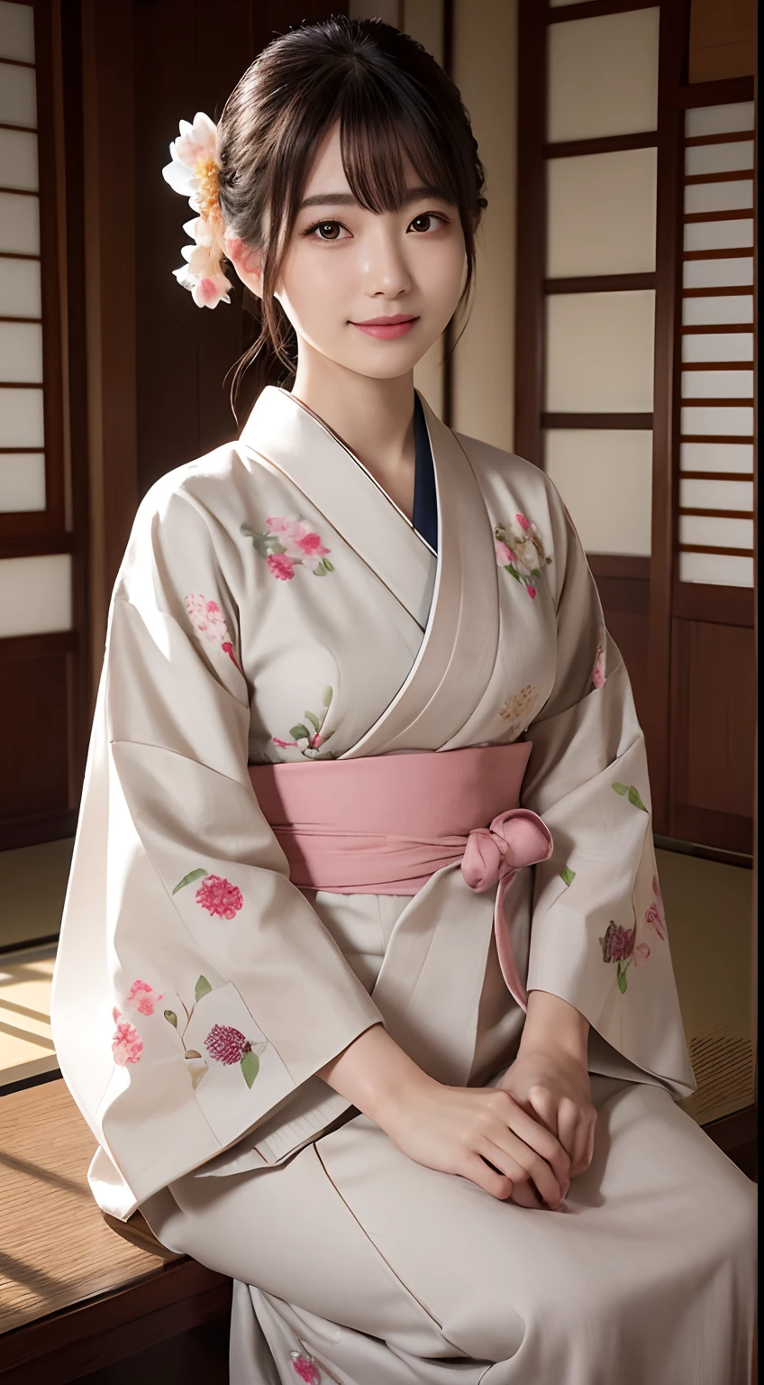(Photorealsitic:1.4), (Top image quality:1.0), (超A high resolution:1.0), 8K, Raw photography, (​masterpiece:0.2), (pureerosface_v1:0.5)、(Best Quality Detail:1.2)、realisitic、8K UHD、hight resolution、(1girl in:1.2)、The ultra-detailliert、High quality textures、intricate detailes、detaileds、Very detailed CG、High quality shadows、Detail Beautiful delicate face、Detail Beautiful delicate eyes、depth of fields、Ray traching,1girl in, japanaese girl, Cute, slender, Kimono with Japanese pattern,Floral scrunchie, Beautiful skin, Facing the front,Sit down, Sit upright and say thank you,Align your hands elegantly,Smile faintly The Land of Japan,Japanese garden,Luxury Japanese-style room, skyporn, Magic Hour, (Realistic:1.3), Finely detailed, quality, (masutepiece:1.2), (Photorealistic:1.2), (Best Quality), (Intricate details), Dramatic, Ray tracing, photograph, +Lola