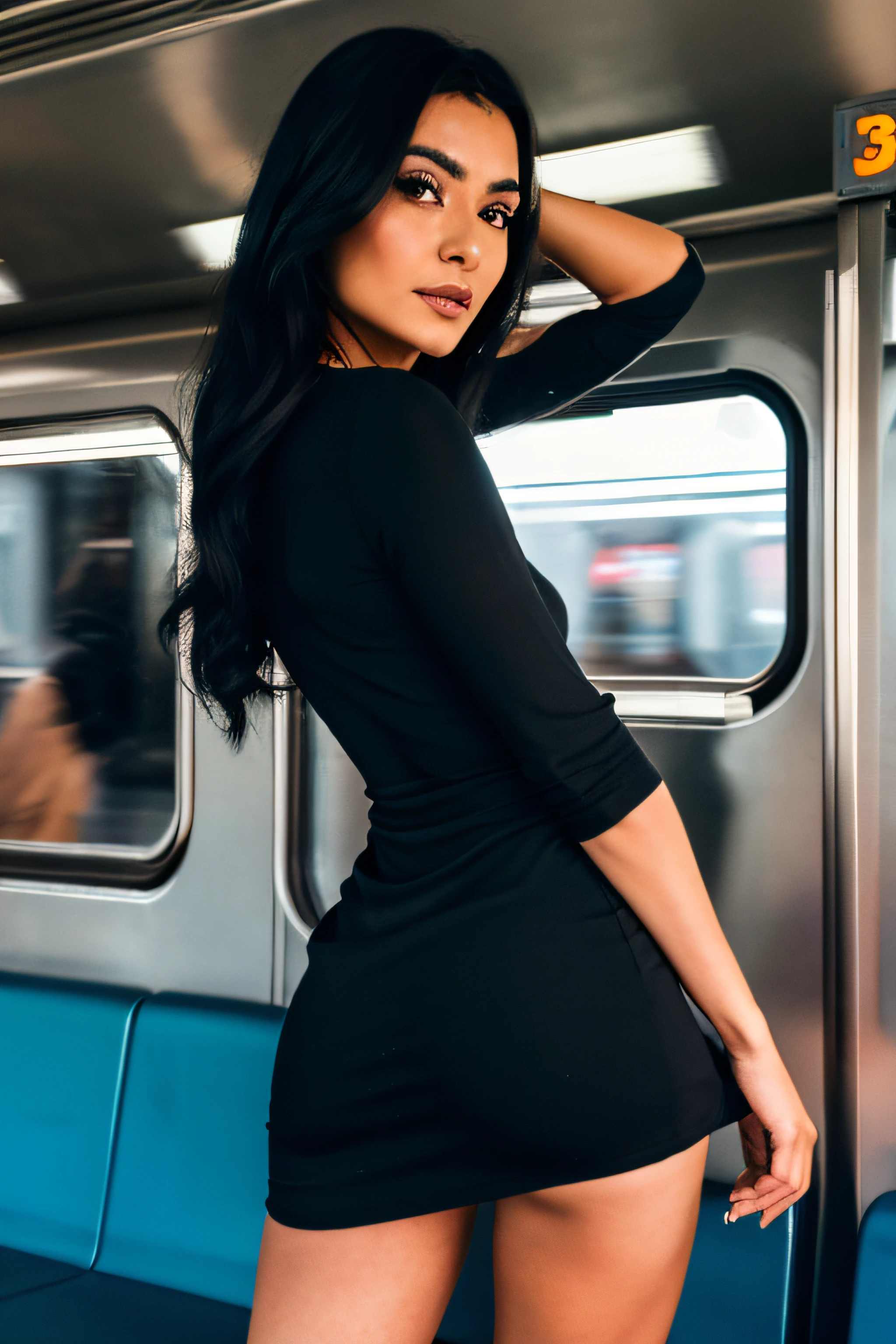 Beautiful 30 years old Mexican woman named Panam Ramirez, poses on the train station, black sleveeless dress, seductive look, RAW photo, dynamic pose, long black hair, high detail face, direct look, high detail hands, high detail eyes, ultrarealistic, full posture photo, Nikon, dark shot, ultra detail, 4K cinematic