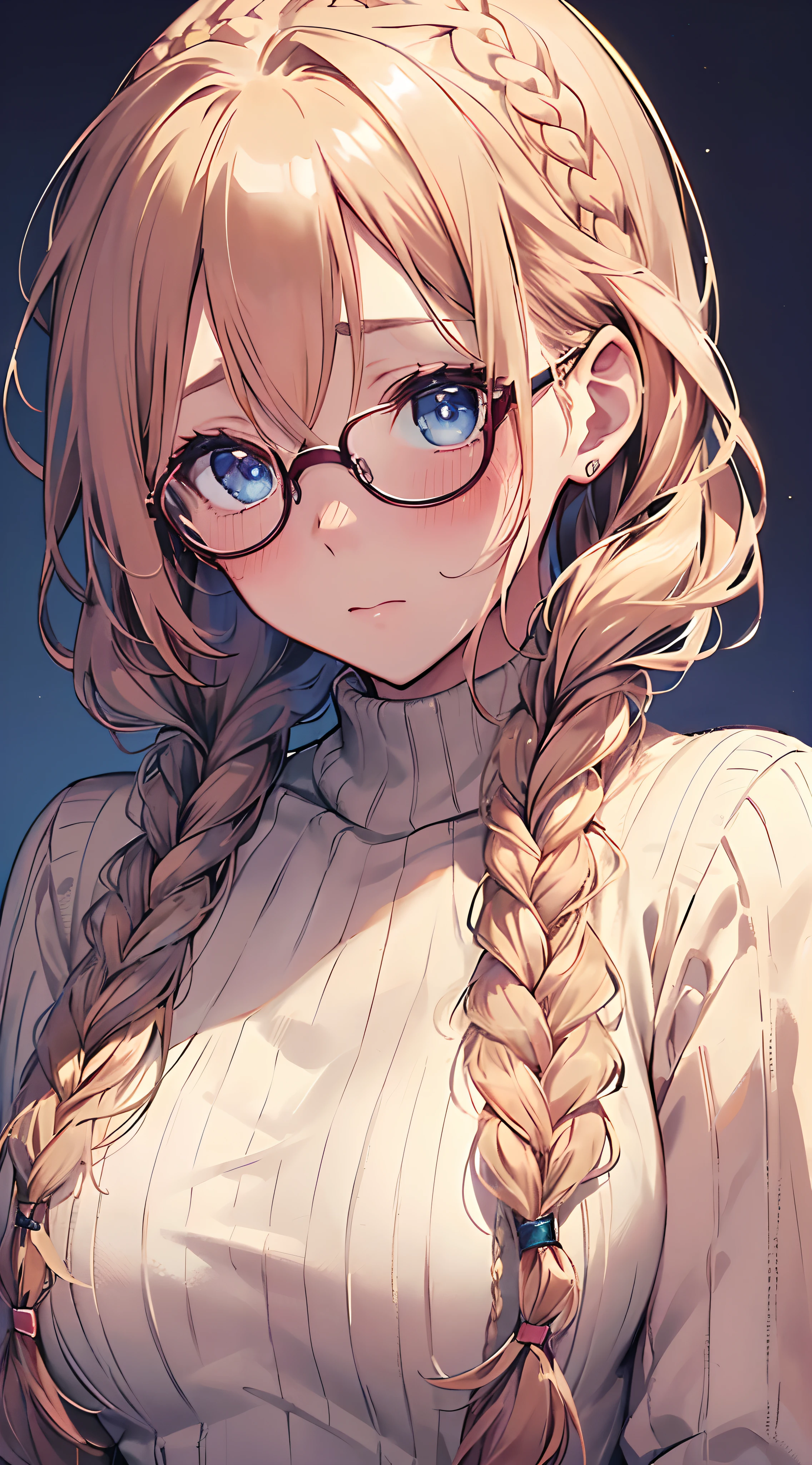 1womanl,Golden head hair, ,((Impatient expression)),Beautiful breasts,Sweater knitwear,well-styled,,(Facing the front)(((Blushing cheeks、Surprised look)),(((Braids))),((( Upper body portrait)))Frameless glasses,Blue eyes