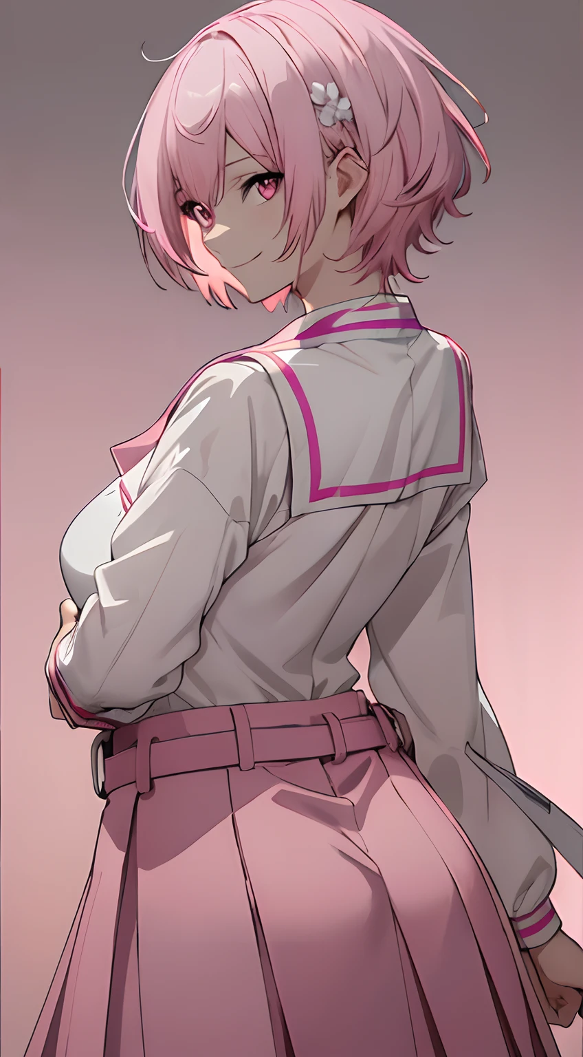 Full body, White one-piece uniform,(masutepiece:1.2, Best Quality), (finely detailed beautiful eye: 1.2), (beautifull detailed face), High contrast, (Best Illumination, extremely delicate and beautiful), ((Cinematic Light)), Dramatic light, Intricate details,red eyes, large full breasts, Belt under the chest, White sailor suit, White skirt,pale gray hair, (pink back ground:1.5), Short-cut hair, accurate hands, Look at me and smile, Dynamic Posing, hi-school girl,