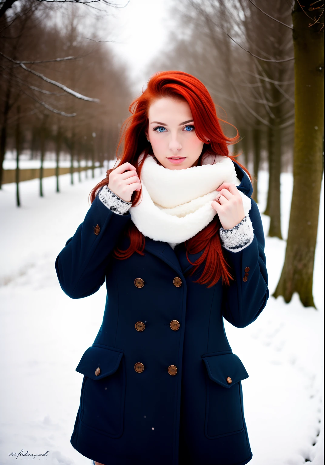 Stil, ModelShoot-Stil, Average color photo of a red-haired girl in the snow, blaue Augen,natural red hair,sexy,lange Beine,supersexy Pose,Sex