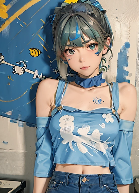 ​masterpiece, top-quality, 1girl, 独奏, croptop, Denim shorts, a choker, (doodle:1.5), Paint Splatter, arms behind back, Hitting a wall, Look at viewers, Armbands, thigh strap, Paint on the body, tilt of the head, tedium, O cabelo multicolorido, Aqua Eye, playing a blue bass guitar