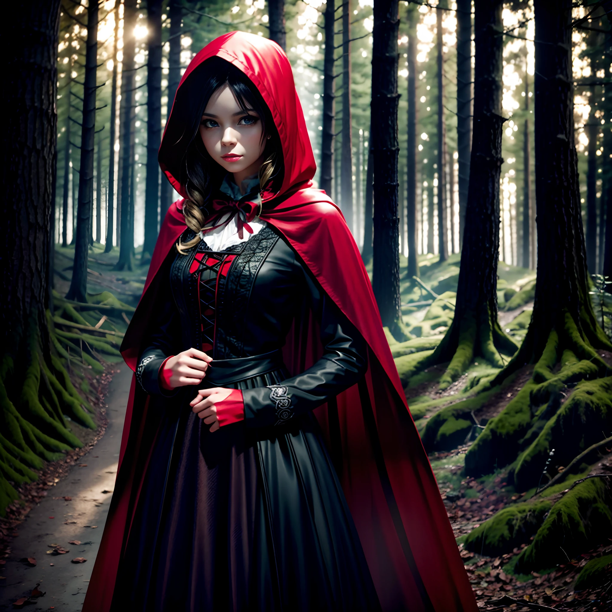 a realistic little Red Riding Hood [14-17 Years Old european female fashion model] [dressed like a dark fantasy style] [Happy expression on face] [Environment: forest], extremely realistic, 8k, insane details, intricate details, beautifully color graded,Color Grading, Editorial Photography, Photography, Bokeh, taken with a 60mm lens, ISO 300, f/4, 1/200th --ar 2:3 , running pose, full length portrait, dramatic lighting, unreal engine --ar 2:3