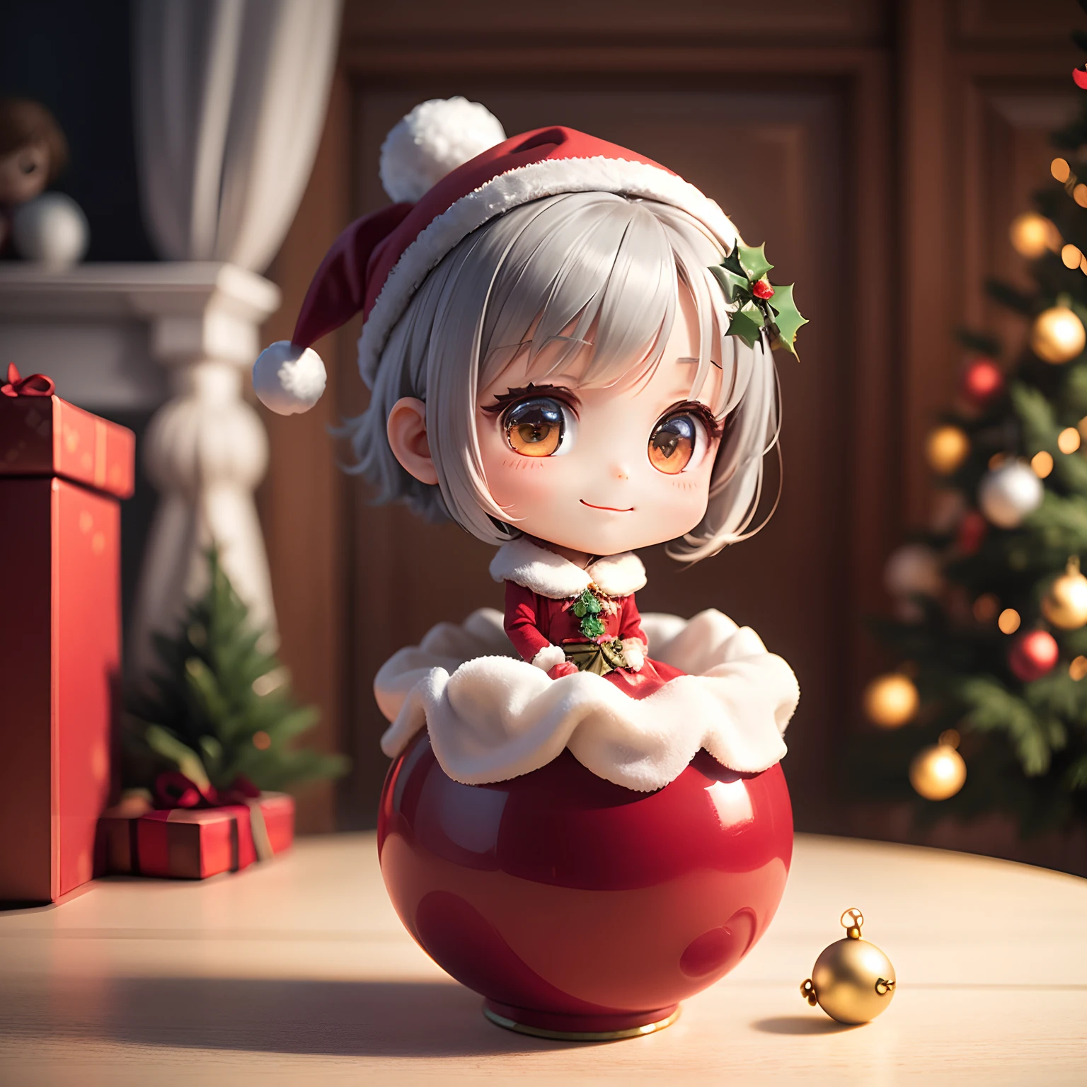 masterpiece、top-quality、ultra-detailliert、(Chibi Chara's Daughter:1.2)、(Gray ponytail:1.2)、drop light hair accessories、yellow wraith、Christmas tree、Christmas present、full body Esbian、A smile