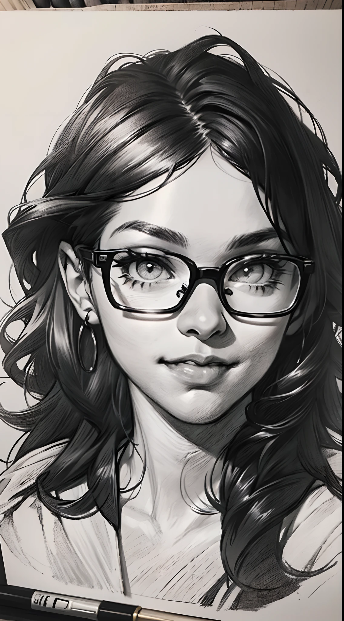 sketching，pencil drawing，Portrait of a Young Woman，longwavy hair，ssmile，Professional Dress，eye glass，Black and white picture，Black and white art，Black and white illustration，super-fine，Hair is carefully described，The eyes are carefully depicted，best qualtiy，8K分辨率