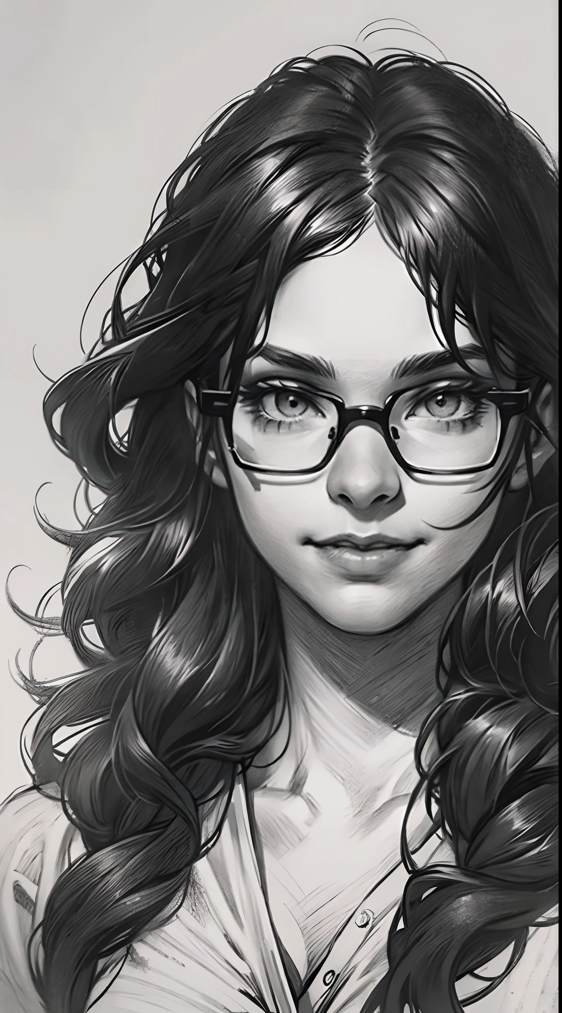 sketching，pencil drawing，Portrait of a Young Woman，longwavy hair，ssmile，Professional Dress，eye glass，Black and white picture，Black and white art，Black and white illustration，super-fine，Hair is carefully described，The eyes are carefully depicted，best qualtiy，8K分辨率