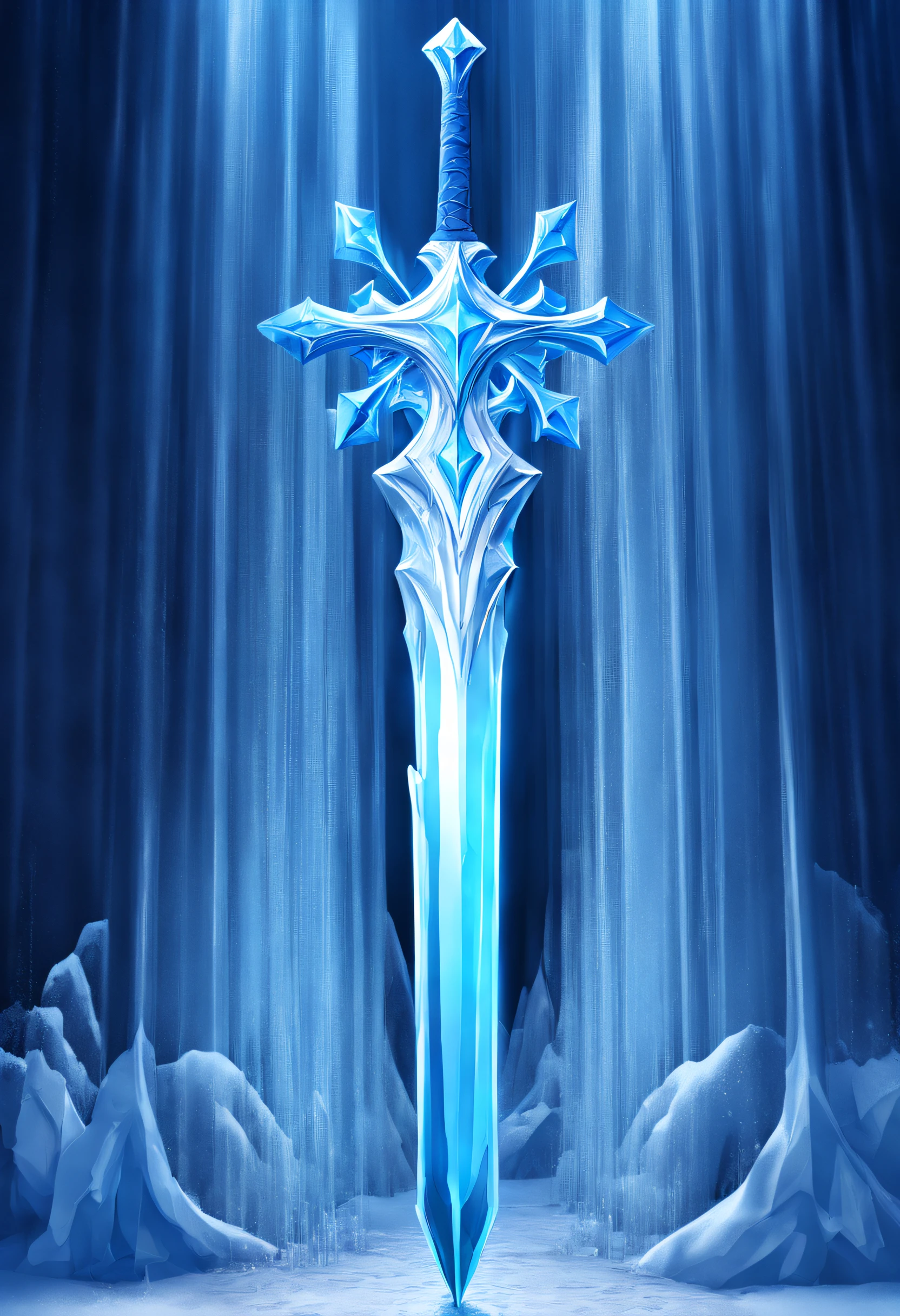 ice cave, An ice sword stuck in the frozen ground in the center, Ice sculpture, Legendary Sword, Sword made of ice, intricately carved patterns、light like a spotlight, Best Quality, high details, Super Detail, masutepiece