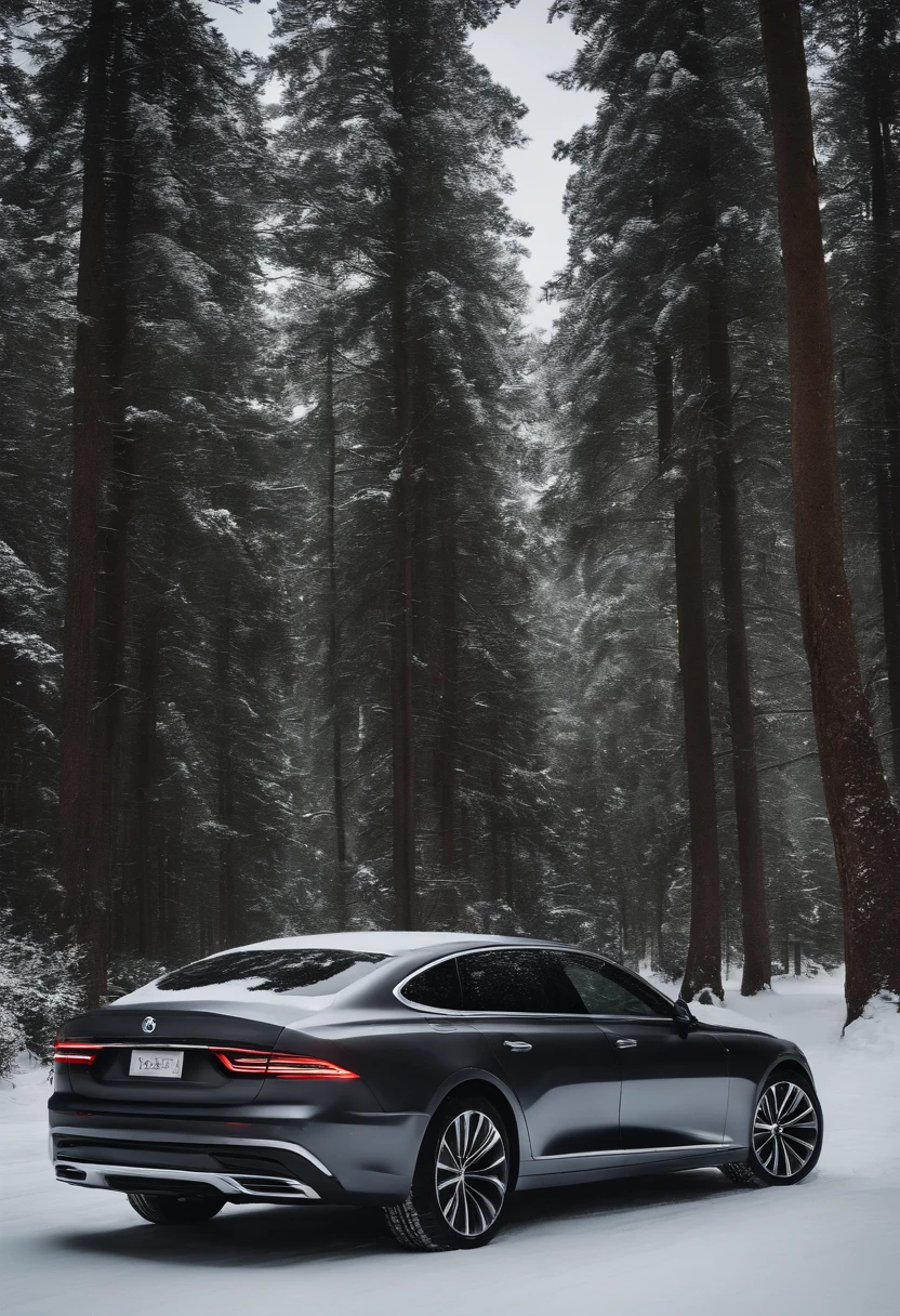 (((Close-up of a dark gray family car in a snowy forest))), side perspective, concept ar, conceito, 3/4 side view, full view of a car, 9 k, 9K, a wide full shot, C 12.0, aerodynamic imposing, dynamic angle shot, in a panoramic view, 4 ), 6k,Soft beauty,softlighting,Sunny morning,warm texture,Warm feeling,Warm