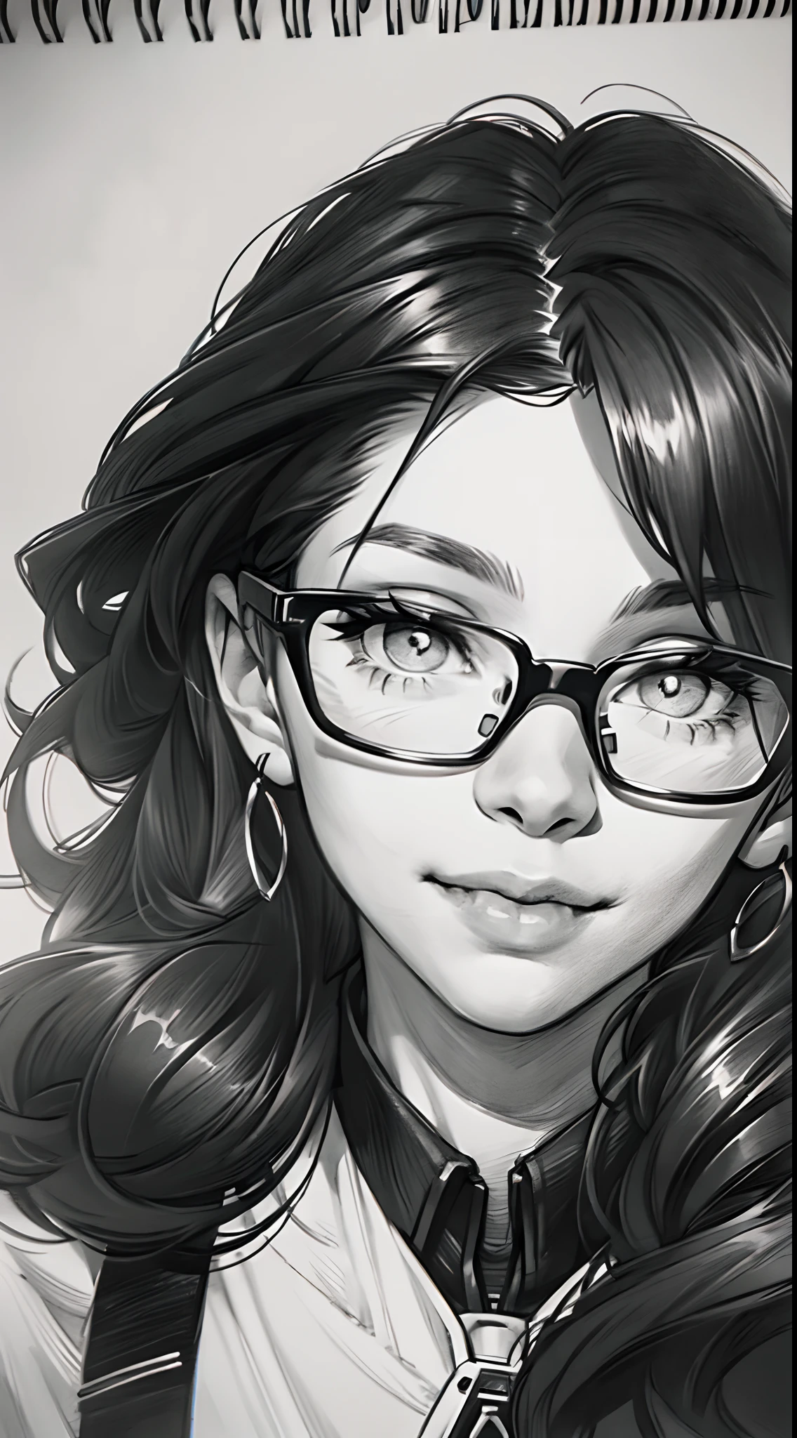 sketching，pencil drawing，Portrait of a Young Woman，longwavy hair，ssmile，Professional Dress，eye glass，Black and white picture，Black and white art，Black and white illustration，super-fine，Hair is carefully described，The eyes are carefully depicted，best qualtiy，8K分辨率