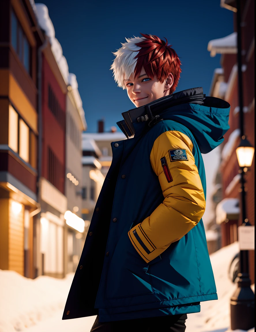 horikoshi kouhei, 1boy, bangs, blue eyes, blurry, blurry background, boku no hero academia, burn scar, closed mouth, coat, from side, gugugunogu, heterochromia, highres, jacket, multicolored hair, red hair, scar, scar on face, smile, solo, todoroki shouto, white hair, winter clothes, winter coat, yellow eyes