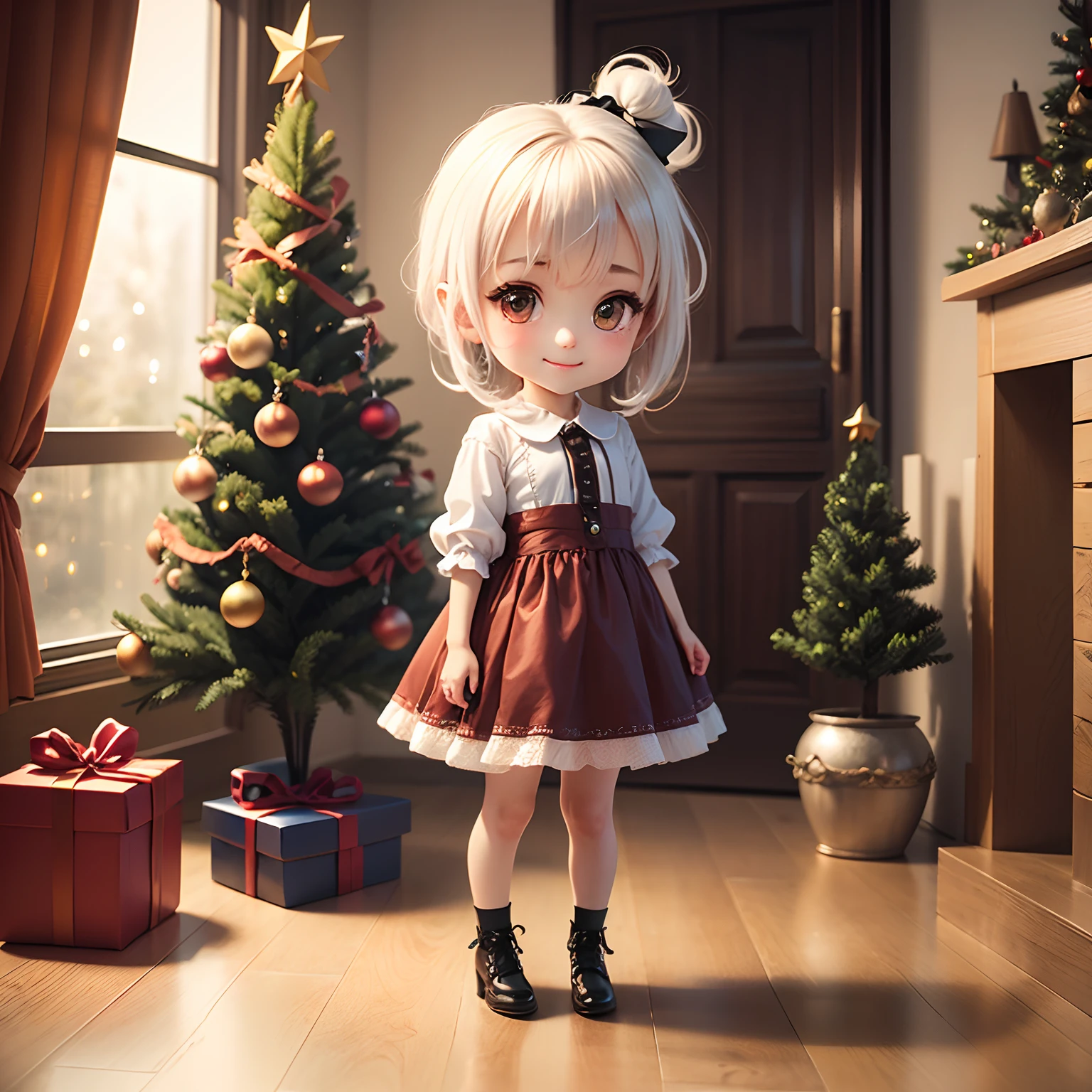 masterpiece、top-quality、ultra-detailliert、(Chibi Chara's Daughter:1.2)、(White ponytail:1.2)、drop light hair accessories、yellow wraith、Christmas tree、Christmas present、full body Esbian、A smile