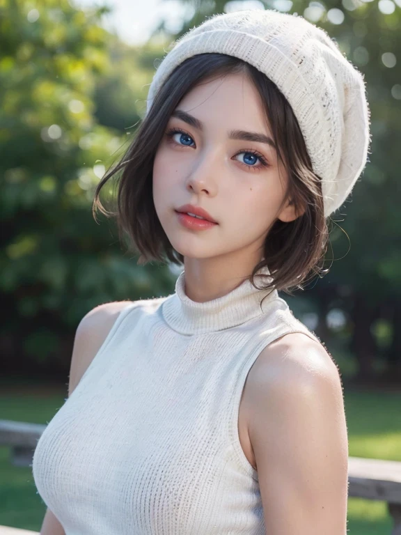 (RAW photo:1.2), ((photorealistic:1.4),(masterpiece:1.3),(best quality:1.4),ultra high res,(detailed facial features),(detailed clothes features), Short hair,HDR,8k resolution, 1girl, white clothes, outdoor,bokeh, blush, white sweater, turtleneck, (white hat ,covered her head),Sleeveless,bare shoulder, keyhole cut-out, medium breast