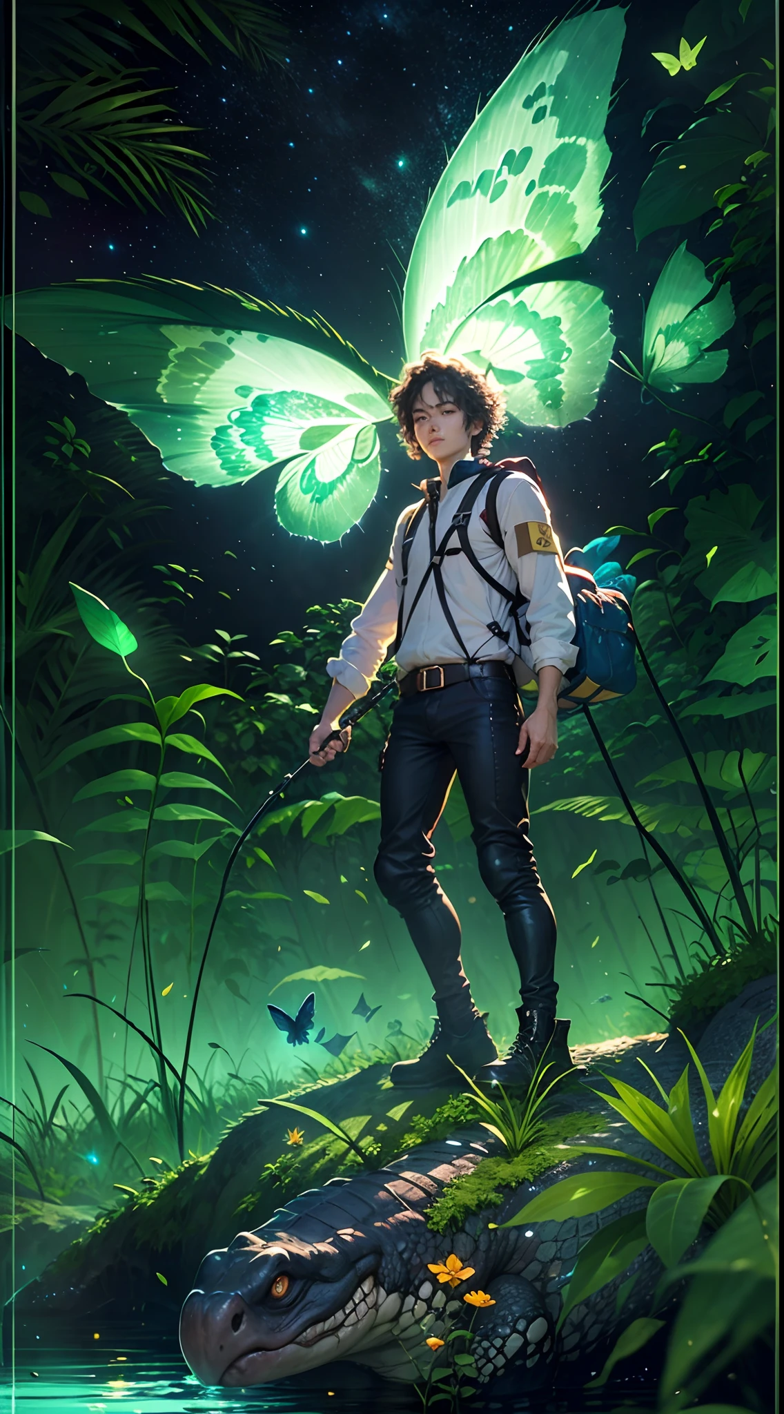 （（best qualtiy））， （（tmasterpiece））， （A detailed：1.4），Enhanced dynamic perspective，jungles，nighttime scene，starrysky，（darkly：1.4），（（ adventurer standing in front of supergiant butterfly，Butterflies spread their huge wings，shimmering under the moonlight，A starry stream flowed before him）），Crocodiles float on the water，（Adventurer backpack），（weeds），florals，（（（adventurer clothing））），Glow effects，super-fine，Works of masters，high qulity，8K分辨率，depth of fields，电影灯光，Epic shooting，high qulity，super-fine，Detailed pubic hair，Accurate，Cinematic lighting，